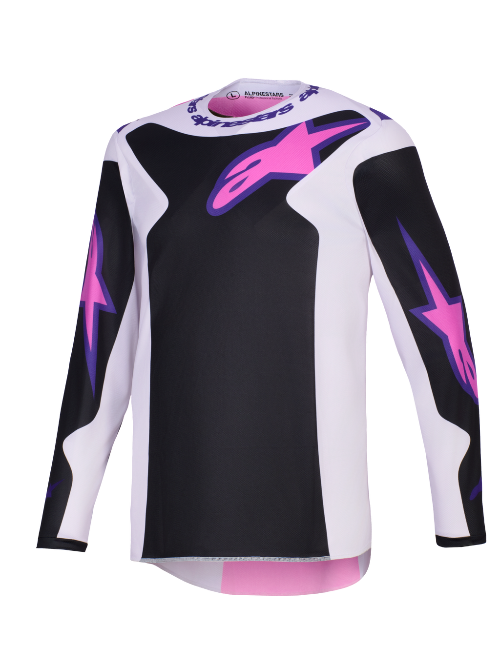 Alpinestars 2026 Fluid Grid Jersey, camisola de motocross, preta, cinzento claro e roxa, com logótipos Astars cor-de-rosa no peito e nas mangas, painéis pretos sobre uma base cinzento claro, corte atlético de manga comprida para condução off-road