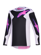 Alpinestars 2026 Fluid Grid Jersey, camisola de motocross, preta, cinzento claro e roxa, com logótipos Astars cor-de-rosa no peito e nas mangas, painéis pretos sobre uma base cinzento claro, corte atlético de manga comprida para condução off-road