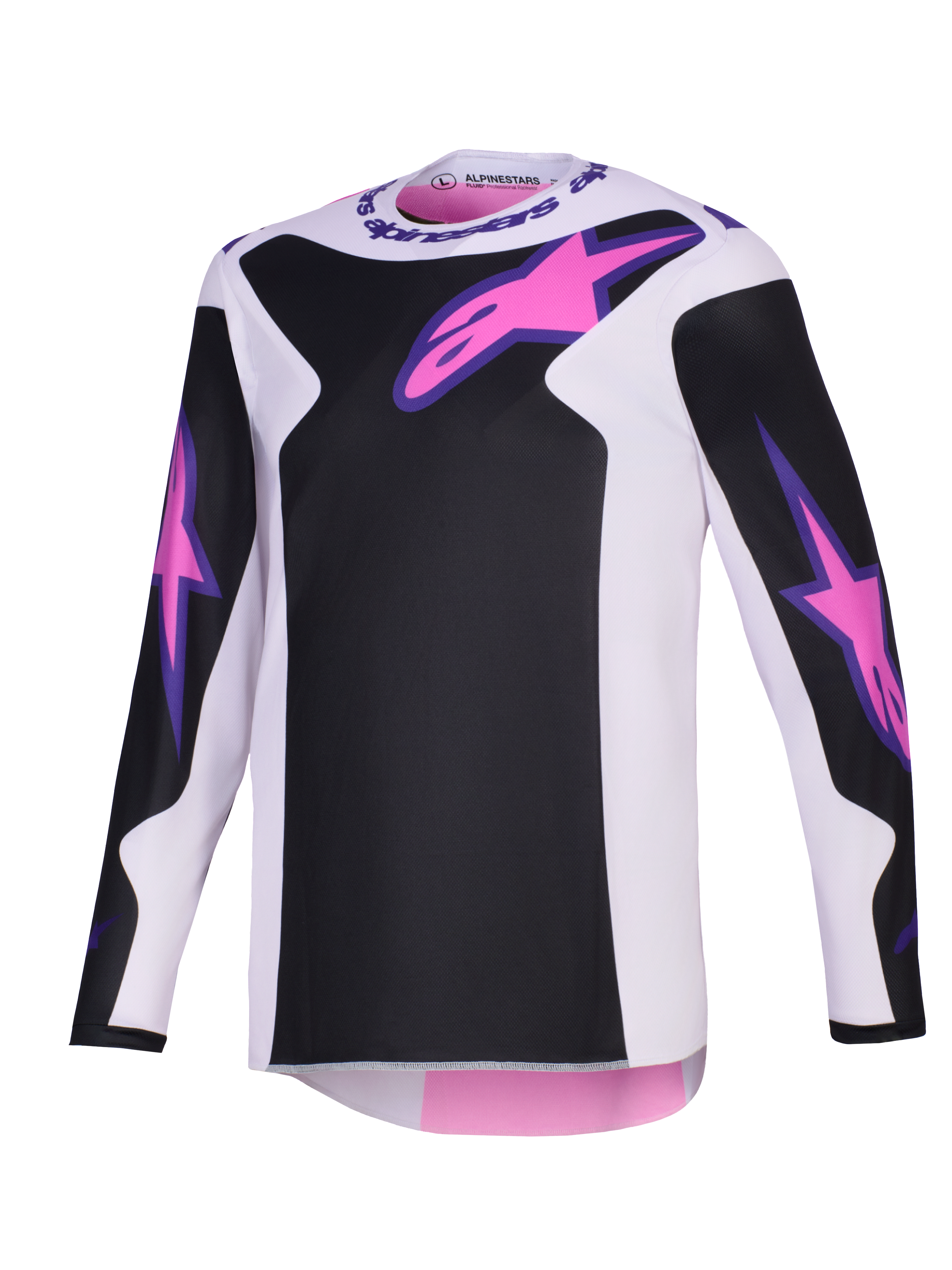 Alpinestars 2026 Fluid Grid Jersey, camisola de motocross, preta, cinzento claro e roxa, com logótipos Astars cor-de-rosa no peito e nas mangas, painéis pretos sobre uma base cinzento claro, corte atlético de manga comprida para condução off-road