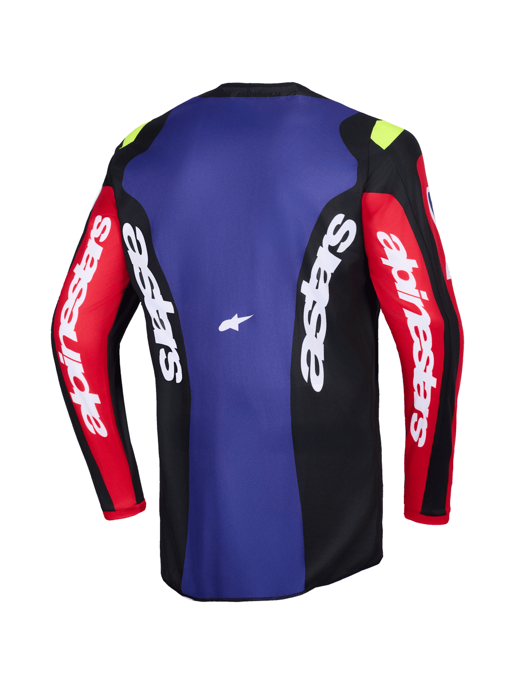 Camisola Alpinestars 2026 Fluid Grid, vista traseira, camisola de motocross em vermelho, preto e roxo, com logótipos Alpinestars brancos nas mangas e painéis laterais, pequenos detalhes em amarelo néon nos ombros, vestuário técnico de off-road com absorção de humidade