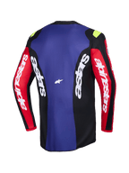 Camisola Alpinestars 2026 Fluid Grid, vista traseira, camisola de motocross em vermelho, preto e roxo, com logótipos Alpinestars brancos nas mangas e painéis laterais, pequenos detalhes em amarelo néon nos ombros, vestuário técnico de off-road com absorção de humidade
