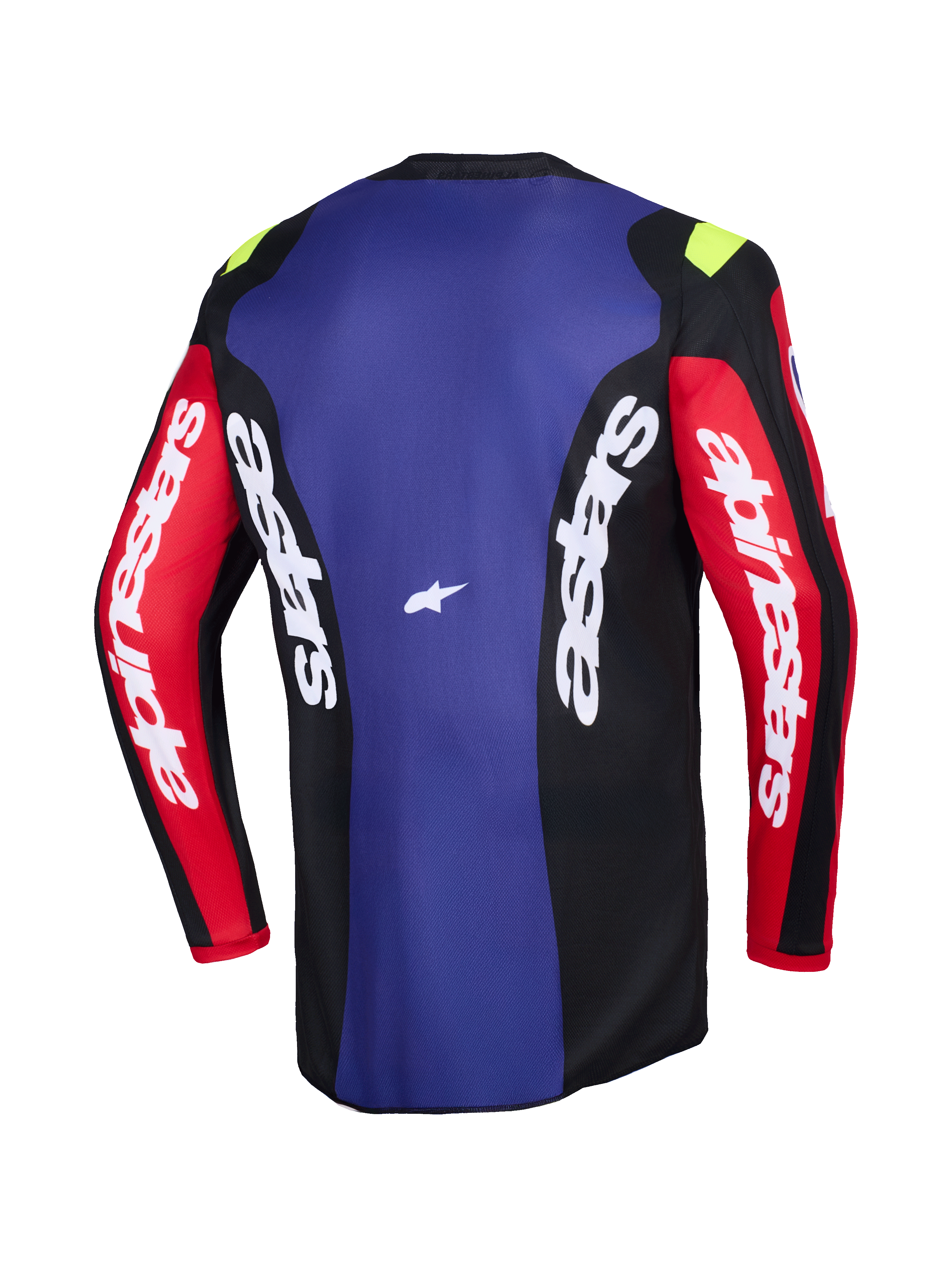 Camisola Alpinestars 2026 Fluid Grid, vista traseira, camisola de motocross em vermelho, preto e roxo, com logótipos Alpinestars brancos nas mangas e painéis laterais, pequenos detalhes em amarelo néon nos ombros, vestuário técnico de off-road com absorção de humidade