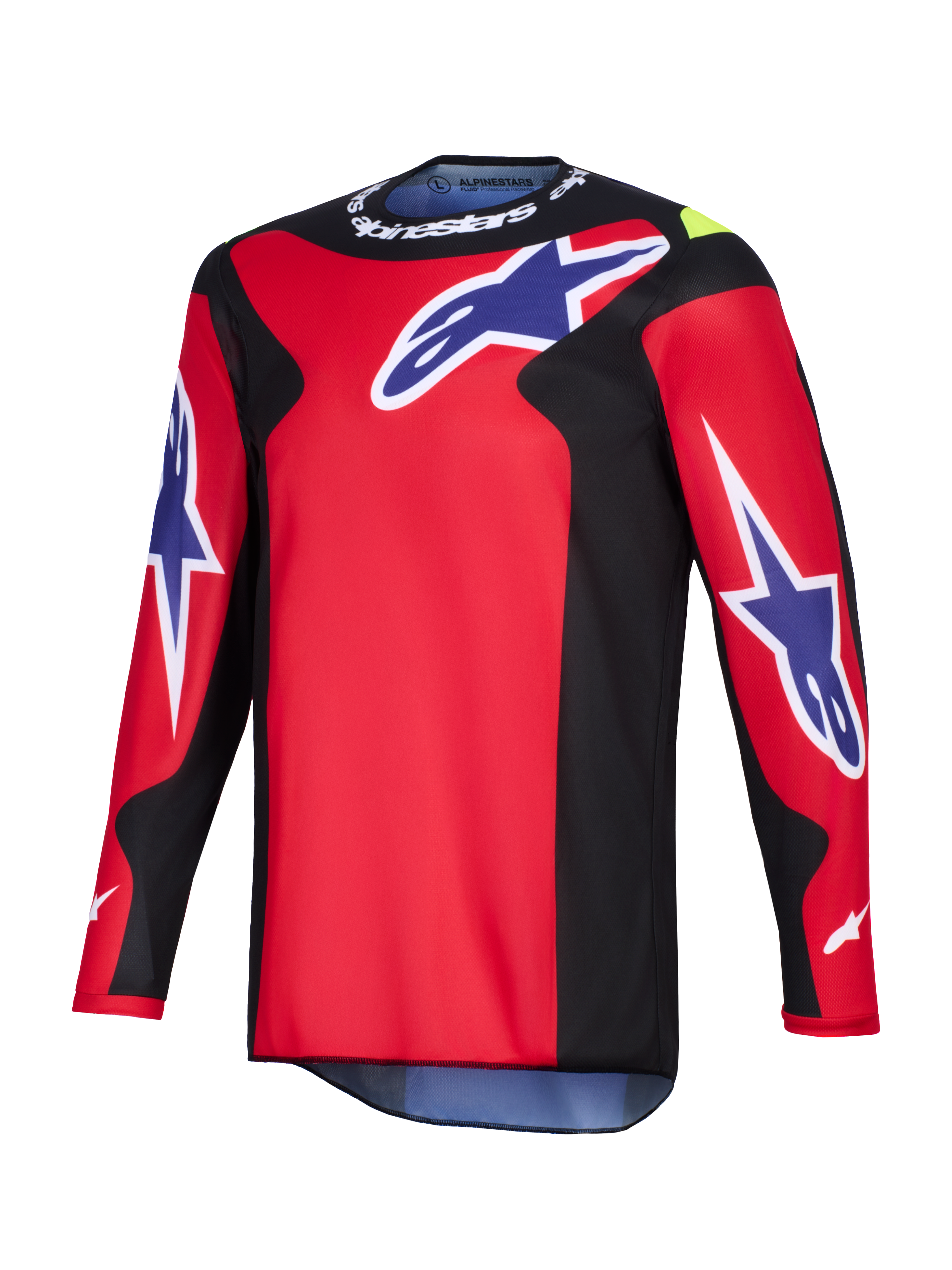 Camisola Alpinestars Fluid Grid 2026, camisola de motocross, vermelha, preta e roxa, com grandes logótipos Astars roxos no peito e nas mangas, painéis laterais pretos e marca Alpinestars branca na gola, construção em polifabric de alto desempenho.
