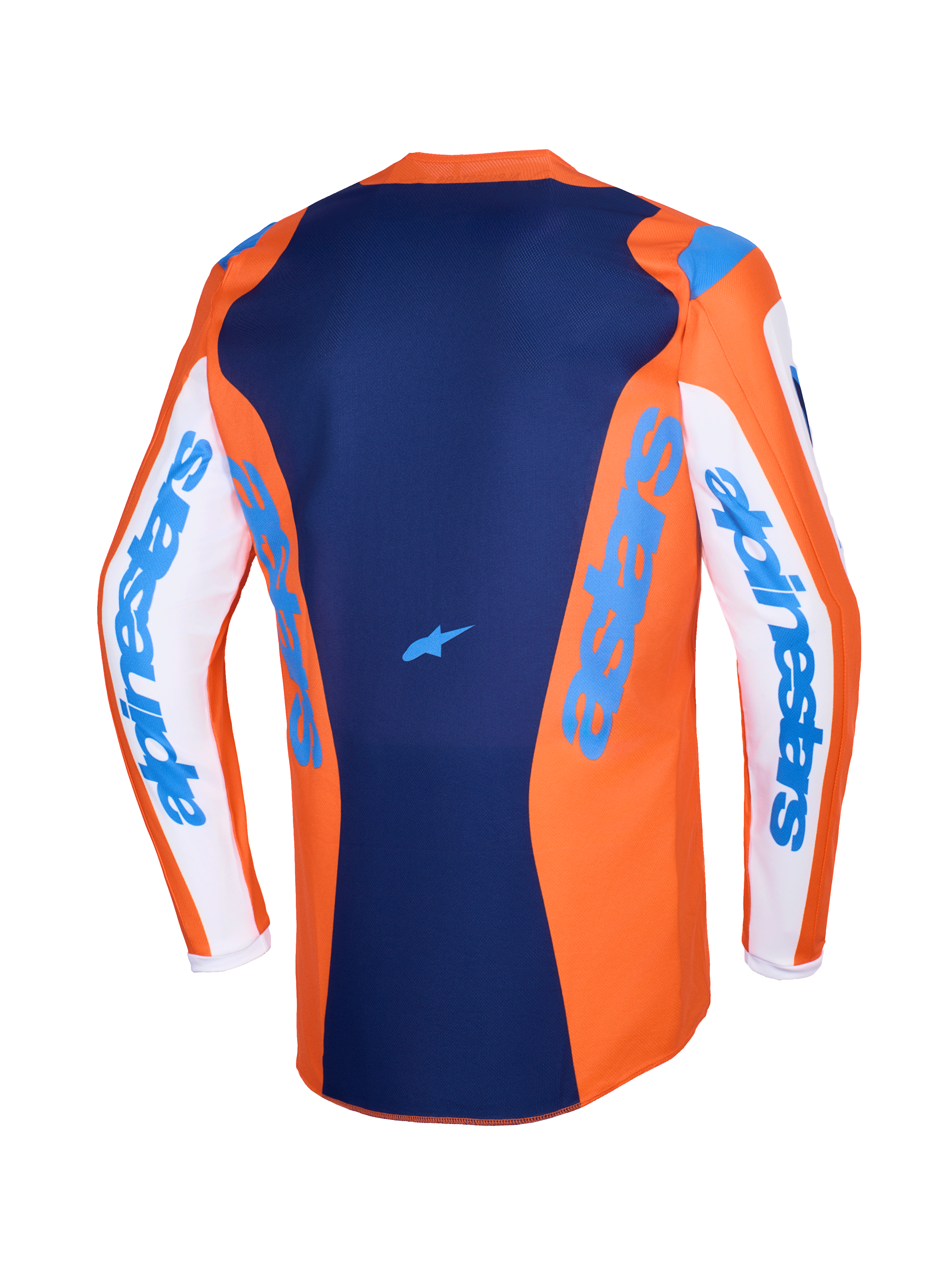 Alpinestars 2026 Fluid Grid Jersey, camisola de motocross, laranja e azul UCLA, mangas brancas com marca Alpinestars em azul, painel traseiro azul escuro com pequeno logótipo de estrela, corte traseiro mais comprido para condução em todo-o-terreno