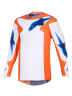 Alpinestars 2026 Fluid Grid Jersey, camisola de motocross, laranja, branca e azul UCLA, equipamento de performance de manga comprida com logótipos de estrela azuis no peito e nas mangas, corte atlético para condução todo-o-terreno