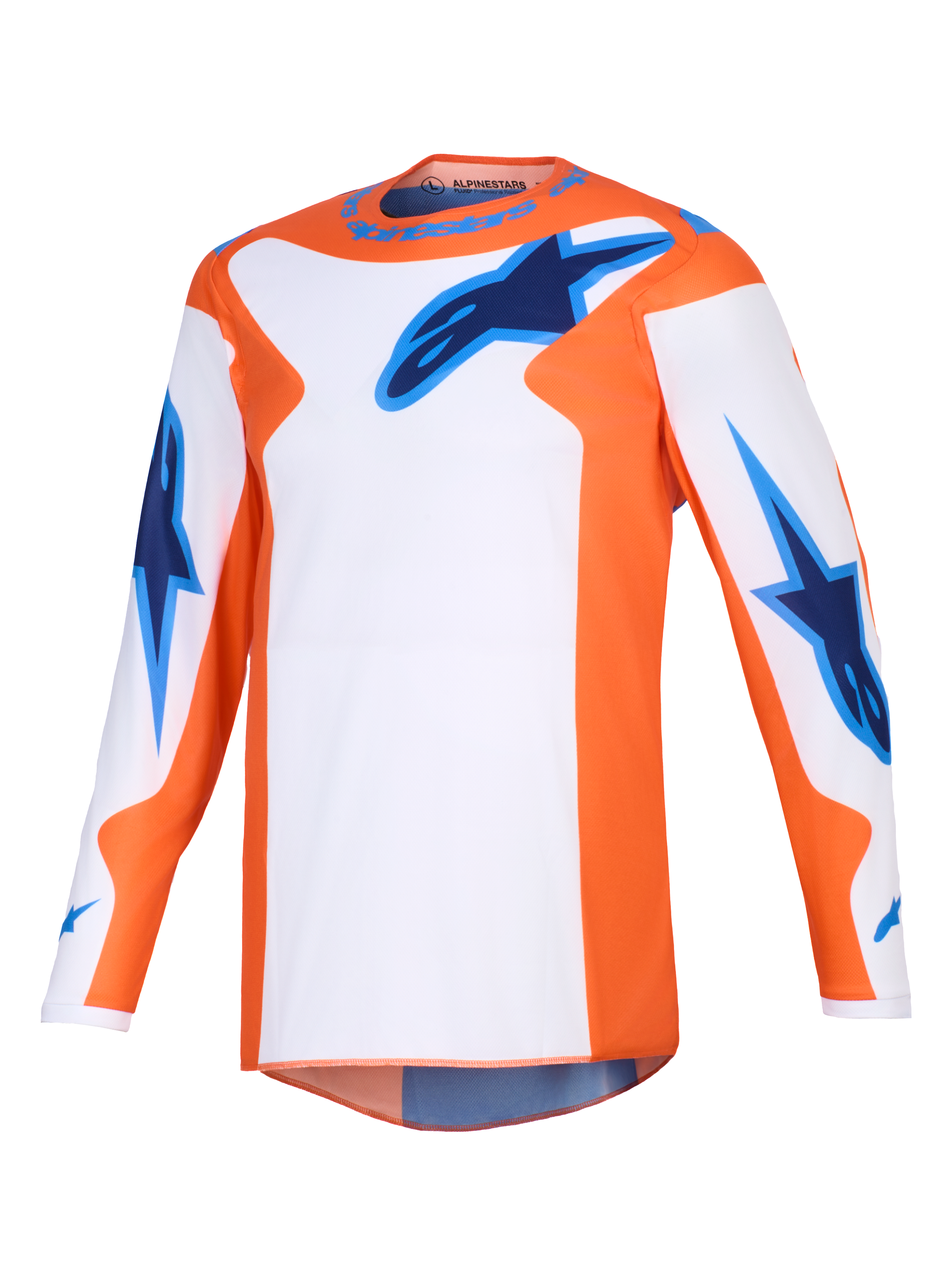 Alpinestars 2026 Fluid Grid Jersey, camisola de motocross, laranja, branca e azul UCLA, equipamento de performance de manga comprida com logótipos de estrela azuis no peito e nas mangas, corte atlético para condução todo-o-terreno