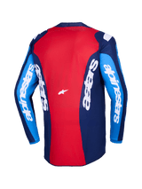 Alpinestars 2026 Fluid Grid Jersey, Back View, Red and Blue Motocross Jersey, featuring bold white Alpinestars branding on sleeves and back, lightweight polyfabric design for off-road riding