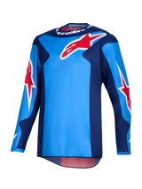 Alpinestars 2026 Fluid Grid Jersey, Motocross Jersey, Blue and Red, featuring large red Alpinestars star logos, dark blue side panels, and lightweight poly-fabric construction with a dropped rear for off-road riding.