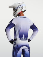 Alpinestars Camisola Racer Air Amber, camisola de motocross azul e branca, vista traseira em malha ventilada.