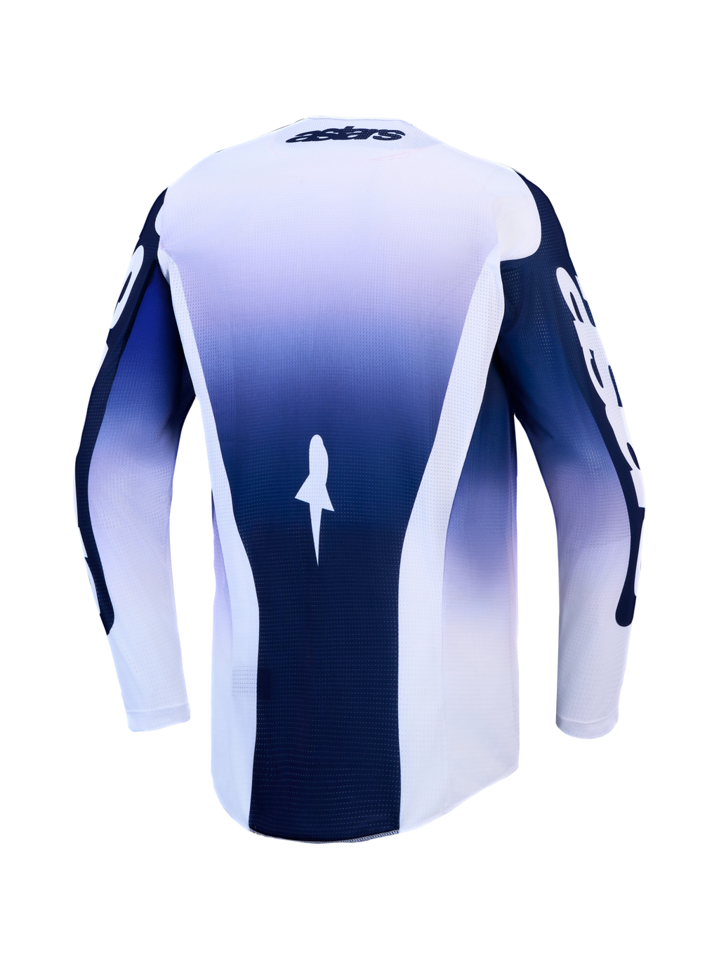 Alpinestars Racer Air Amber Jersey, camisola de motocross azul e branca, vista traseira, malha leve e ventilada.