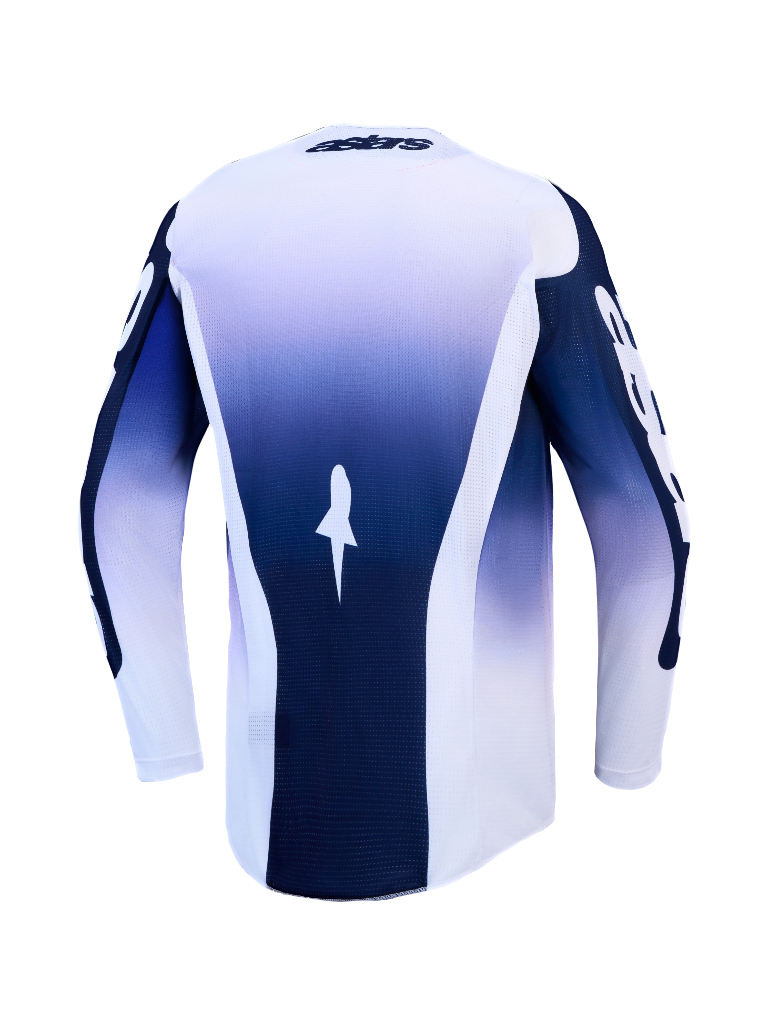 Alpinestars Racer Air Amber Jersey, camisola de motocross azul e branca, vista traseira, malha leve e ventilada.
