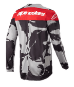 Alpinestars 2023 Racer Tactical Jersey, Motocross Jersey, Cast Gray Camo and Mars Red, back view featuring a red upper panel with white Alpinestars logo and a gray-black camouflage pattern, lightweight off-road performance apparel