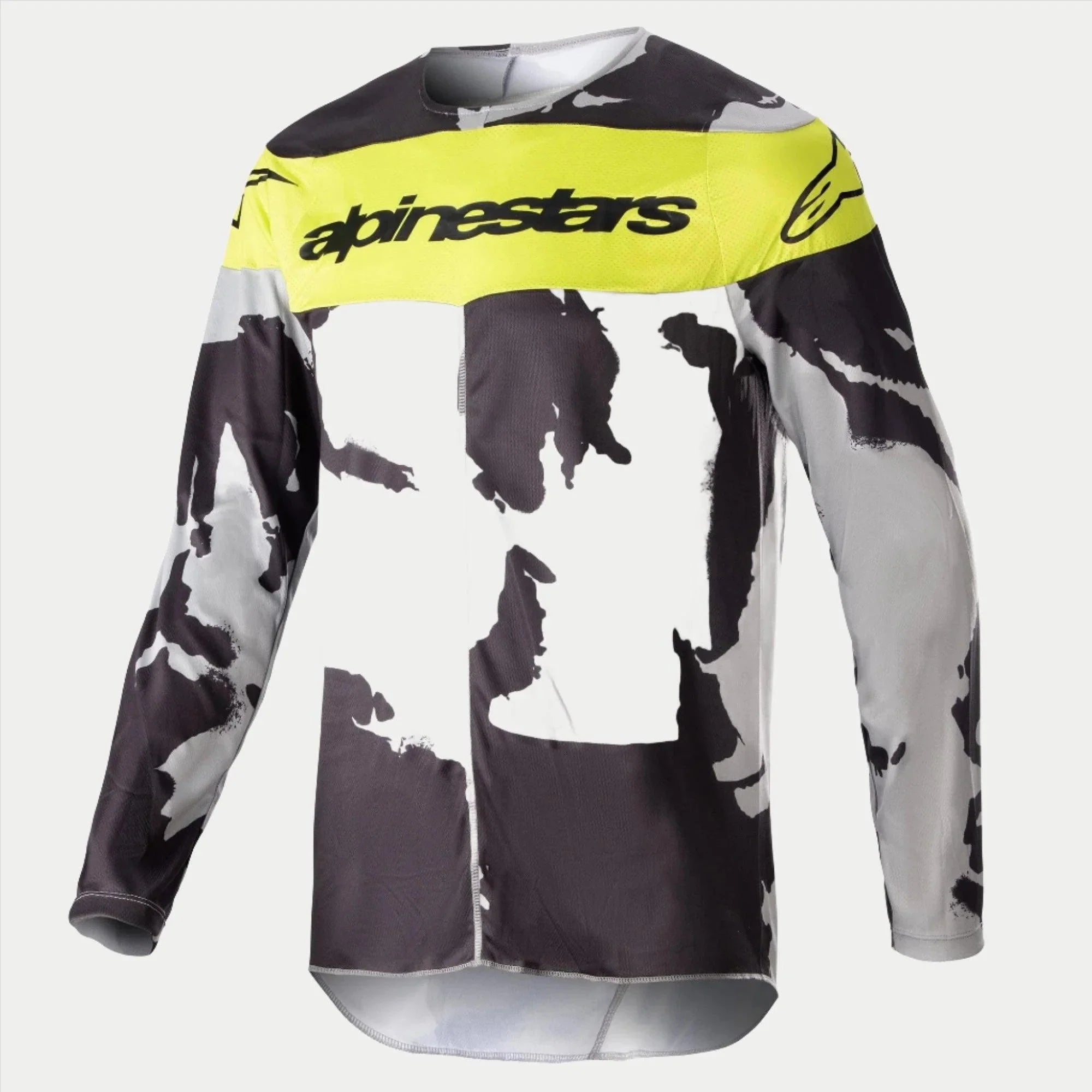 Alpinestars 2023 Racer Tactical Jersey, camisola de motocross, camuflagem cinzenta e amarelo néon, com um padrão de camuflagem cinzento e preto, painel no peito em amarelo brilhante e logótipo Alpinestars, equipamento de performance de manga comprida e durável para corridas todo-o-terreno