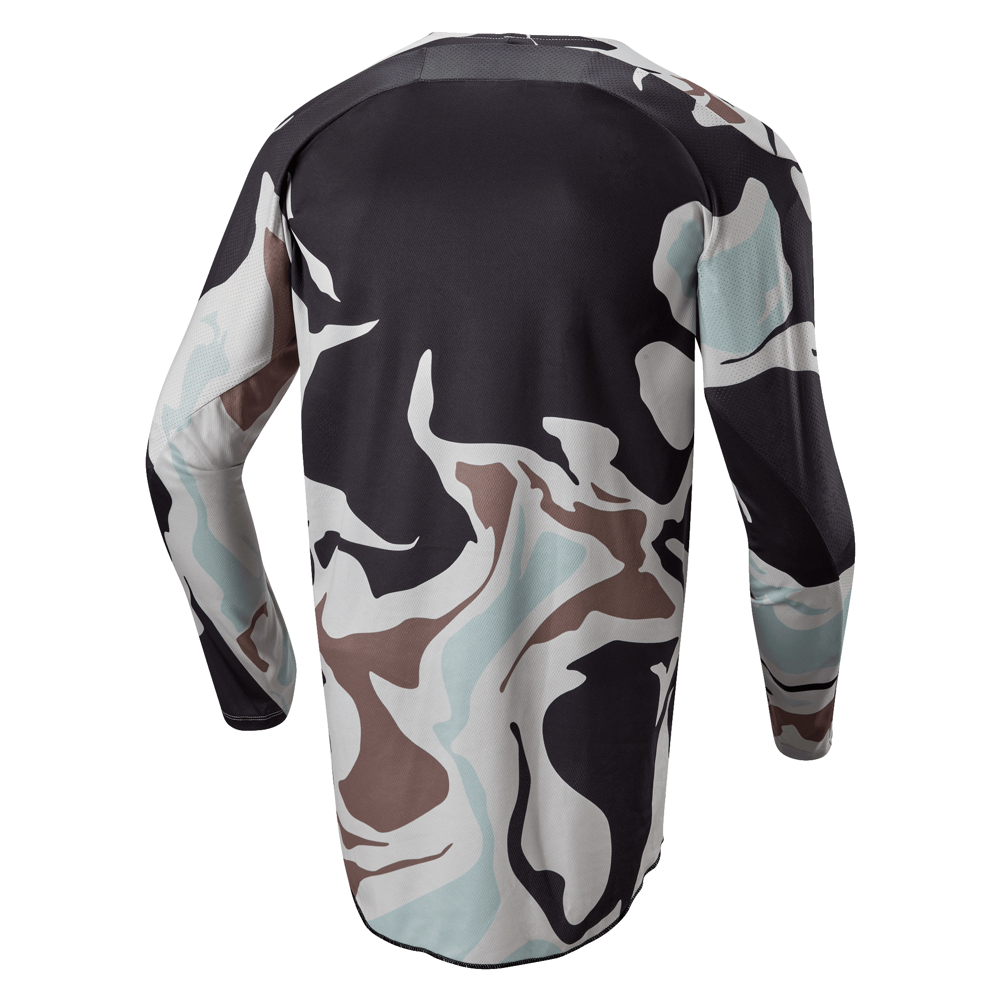 Alpinestars 2024 Racer Tactical Jersey, Iron Camo Dust Gray, vista traseira de camisola de motocross de manga comprida com padrão de camuflagem em cinzento, preto, azul claro e bege, e bainha traseira alongada para maior cobertura