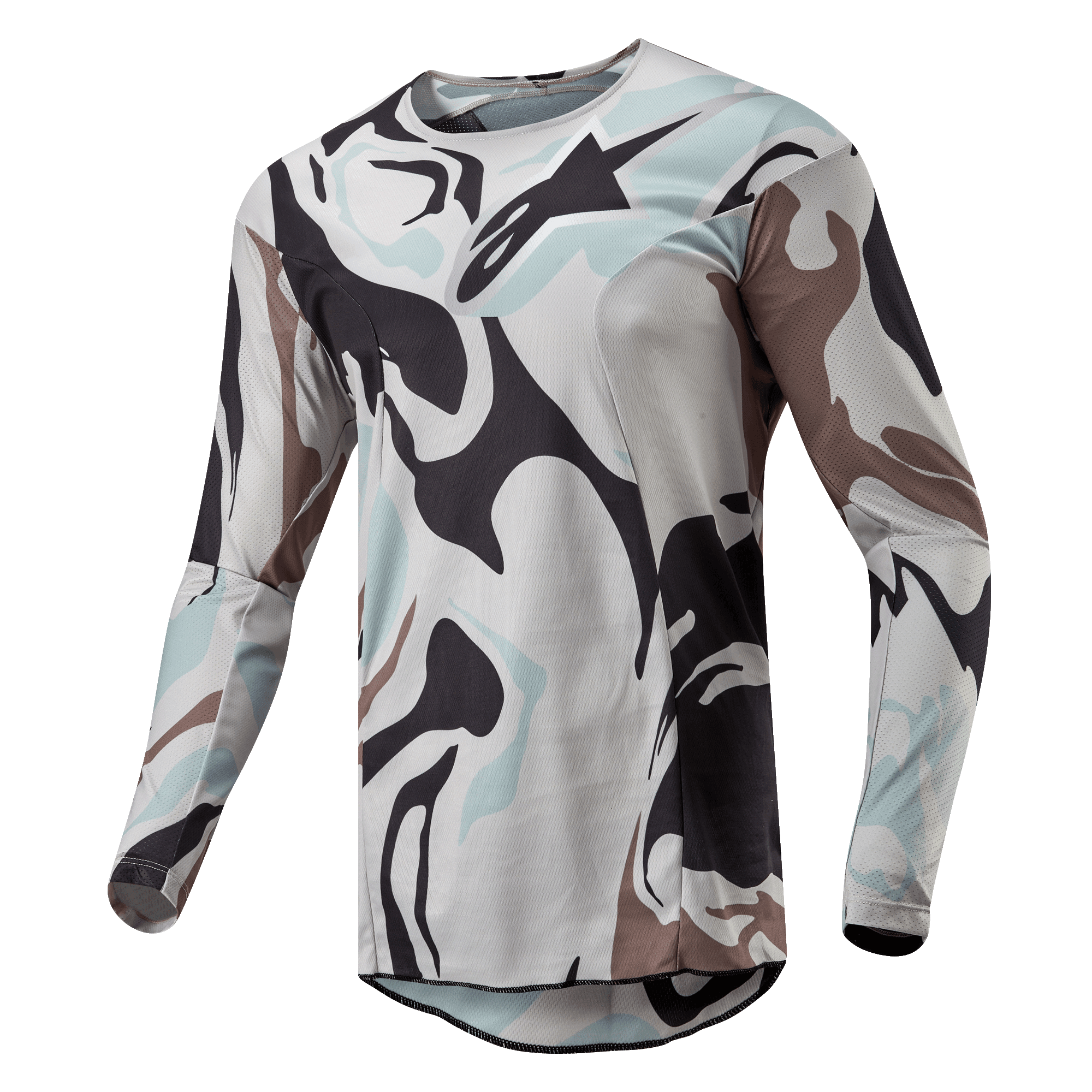 Alpinestars 2024 Racer Tactical Jersey, camisola de motocross, Iron Camo Dust Gray, com padrão de camuflagem arrojado em tons de cinzento claro, cinzento escuro e azul pálido, construção em poli-tecido leve com inserções de malha respirável, corte desportivo ergonómico