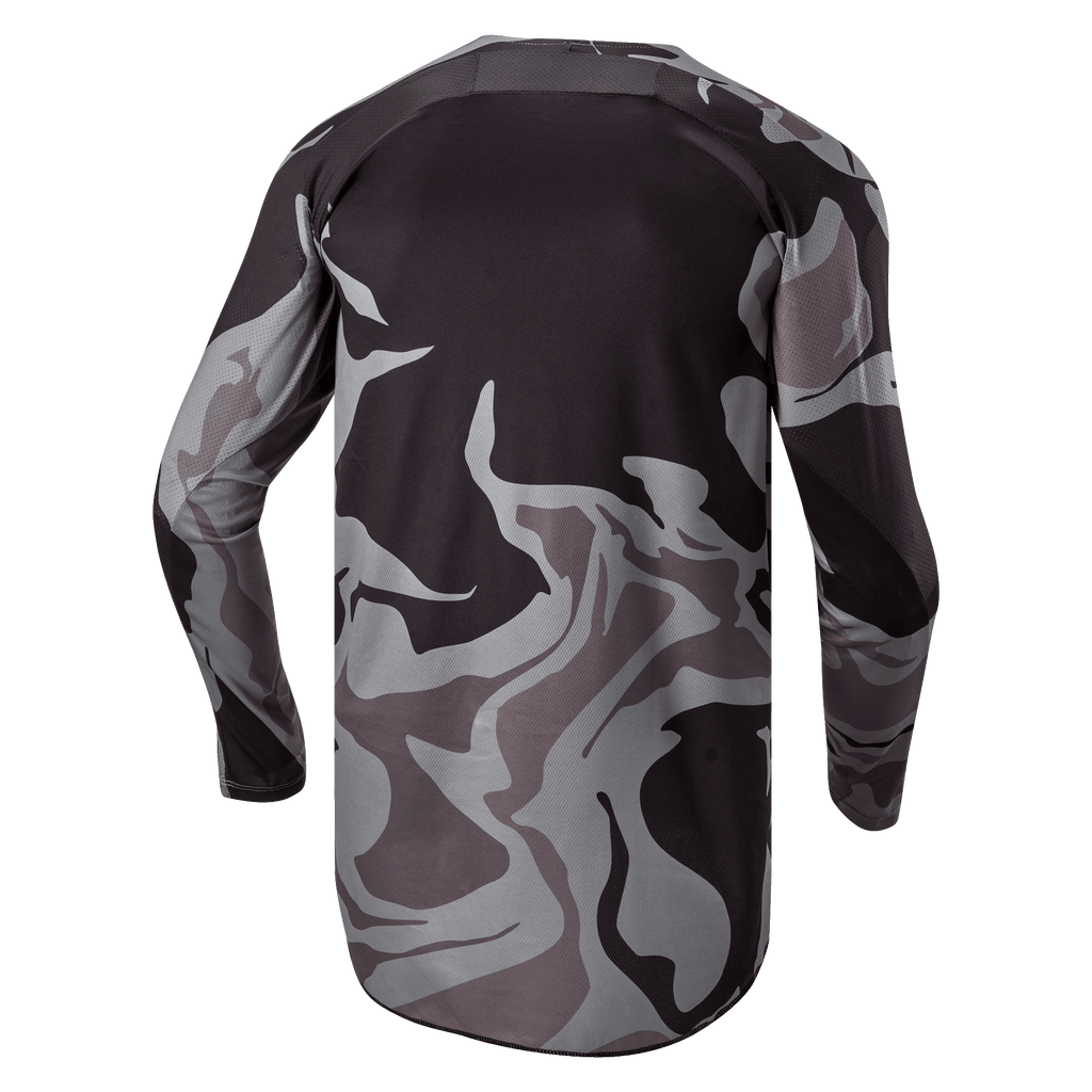 Alpinestars 2024 Racer Tactical Jersey, camisola de motocross, Cast Gray Camo Magnet, vista traseira com padrão de camuflagem cinzento e preto, tecido respirável e bainha traseira prolongada para maior cobertura