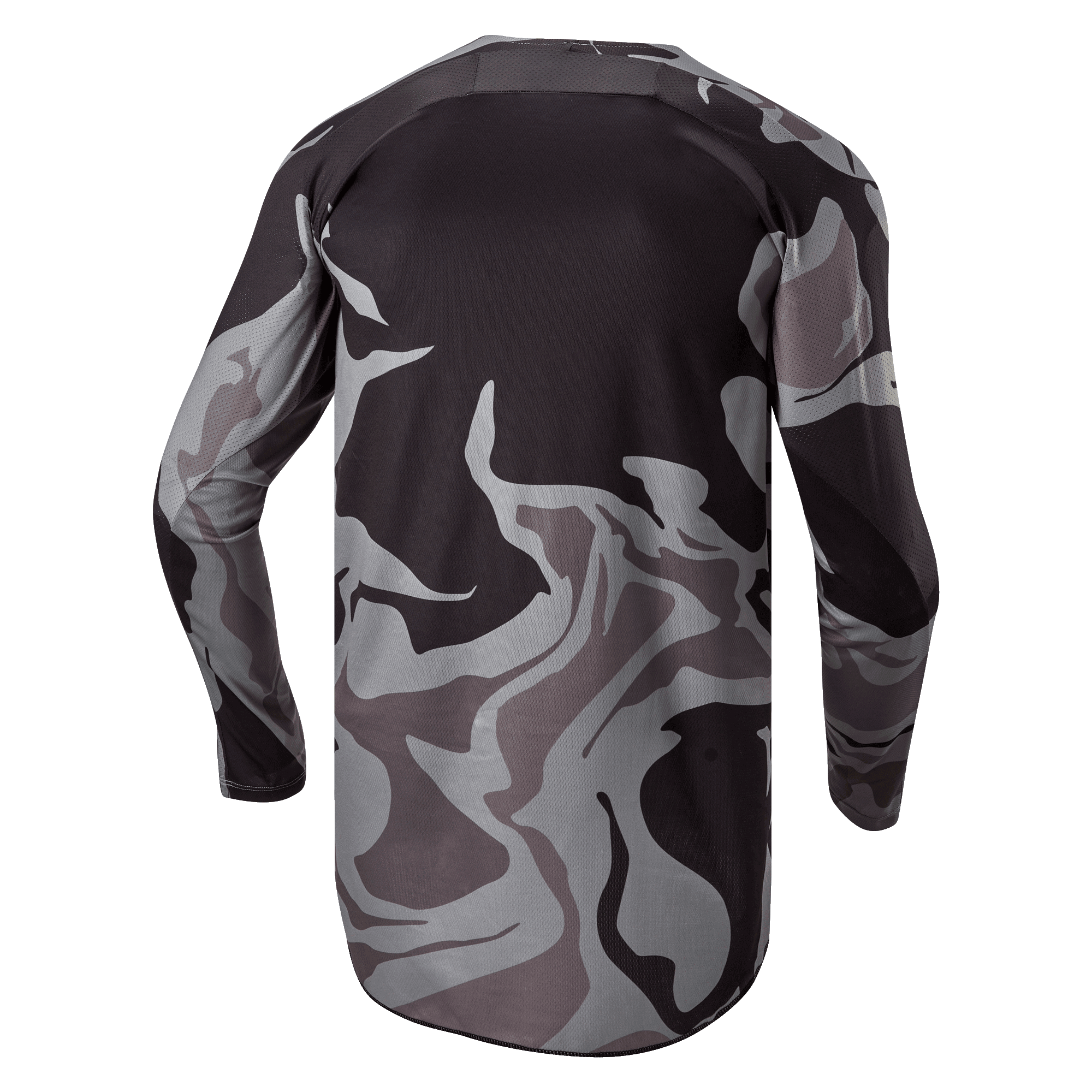 Alpinestars 2024 Racer Tactical Jersey, camisola de motocross, Cast Gray Camo Magnet, vista traseira com padrão de camuflagem cinzento e preto, tecido respirável e bainha traseira prolongada para maior cobertura