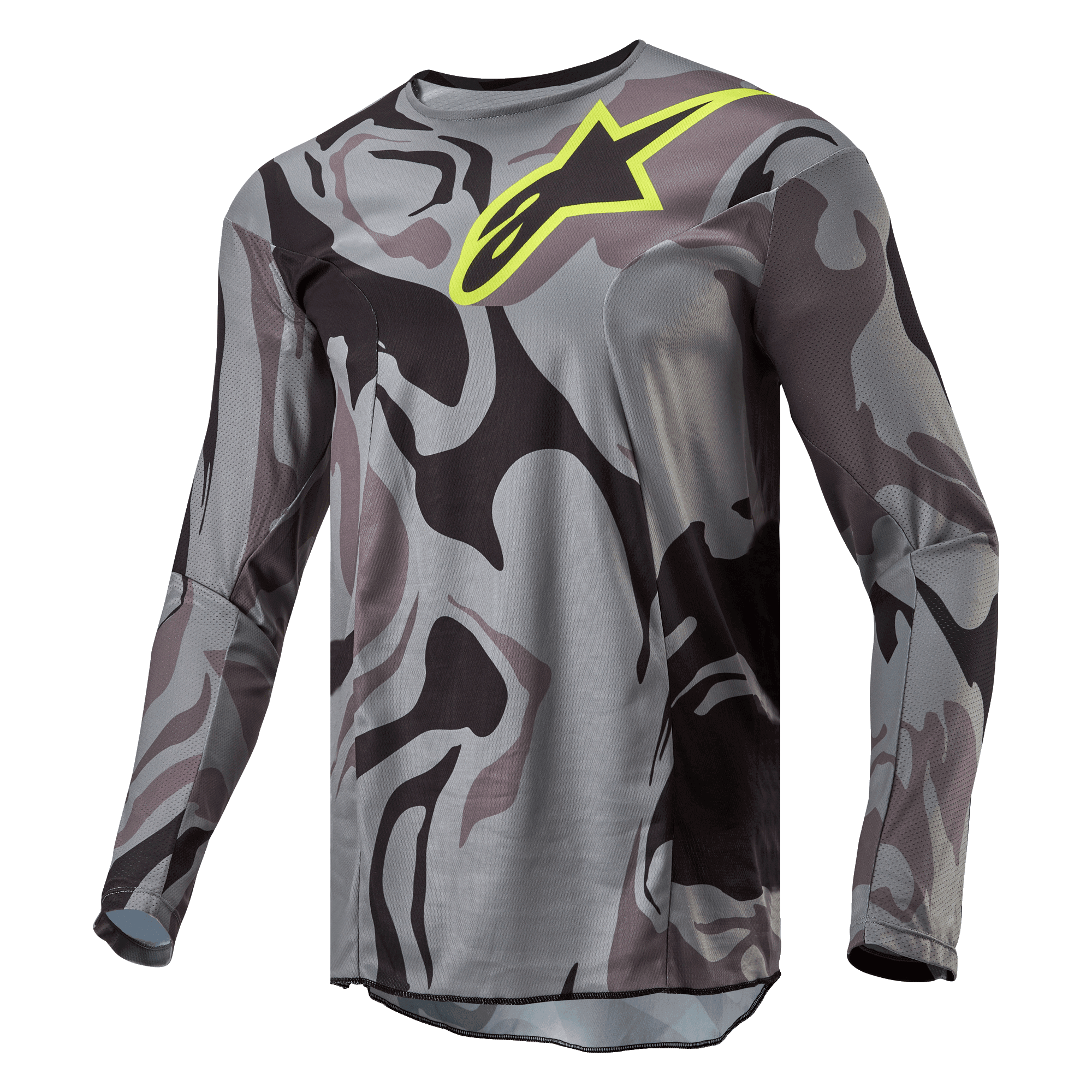 Camisola Alpinestars 2024 Racer Tactical, camisola de motocross, Cast Gray Camo Magnet, padrão camuflado em cinzento e preto com logótipo Alpinestars em amarelo vibrante no peito, mangas compridas, equipamento de performance para todo-o-terreno