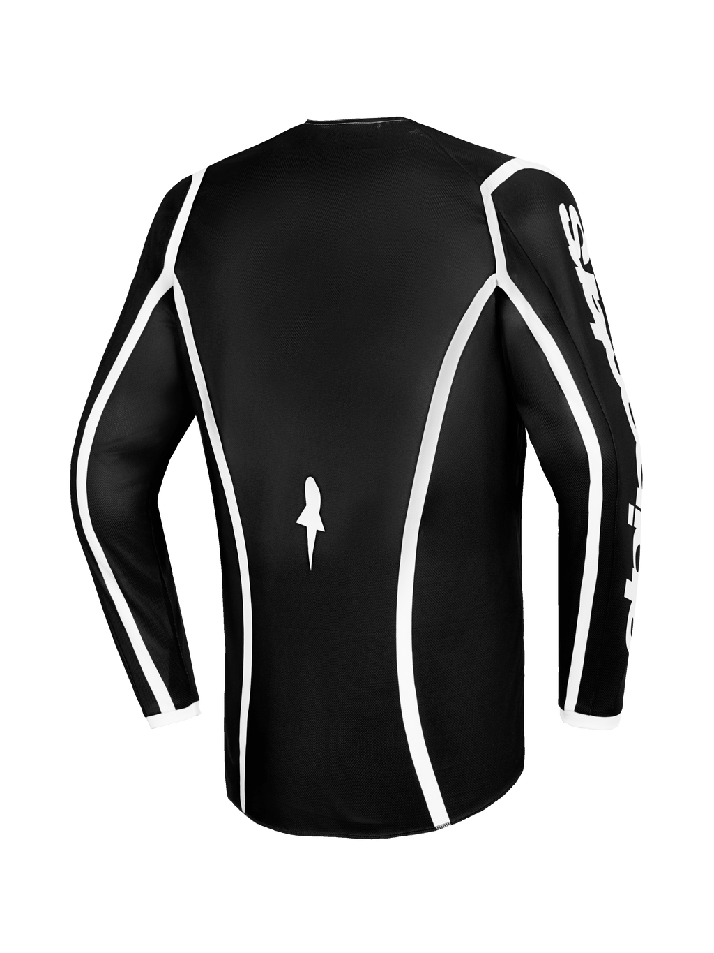 Alpinestars 2026 Fluid Apex Jersey, camisola de motocross, preta com linhas curvas brancas, vista traseira mostrando o corte ergonómico e um pequeno logótipo branco, camisola de performance de manga comprida para corridas todo-o-terreno
