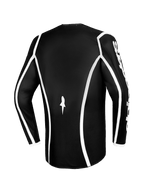 Alpinestars 2026 Fluid Apex Jersey, camisola de motocross, preta com linhas curvas brancas, vista traseira mostrando o corte ergonómico e um pequeno logótipo branco, camisola de performance de manga comprida para corridas todo-o-terreno