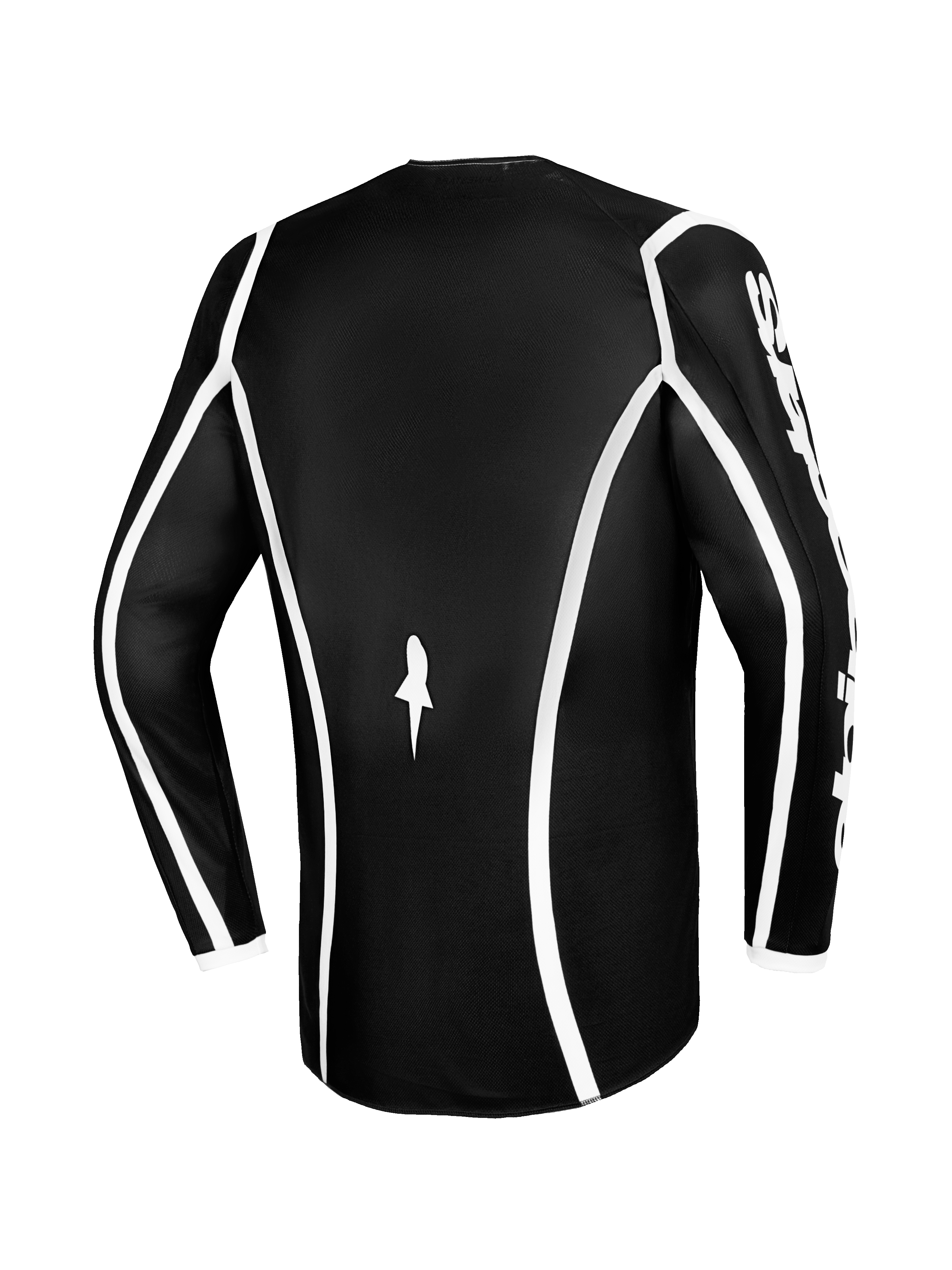 Alpinestars 2026 Fluid Apex Jersey, camisola de motocross, preta com linhas curvas brancas, vista traseira mostrando o corte ergonómico e um pequeno logótipo branco, camisola de performance de manga comprida para corridas todo-o-terreno