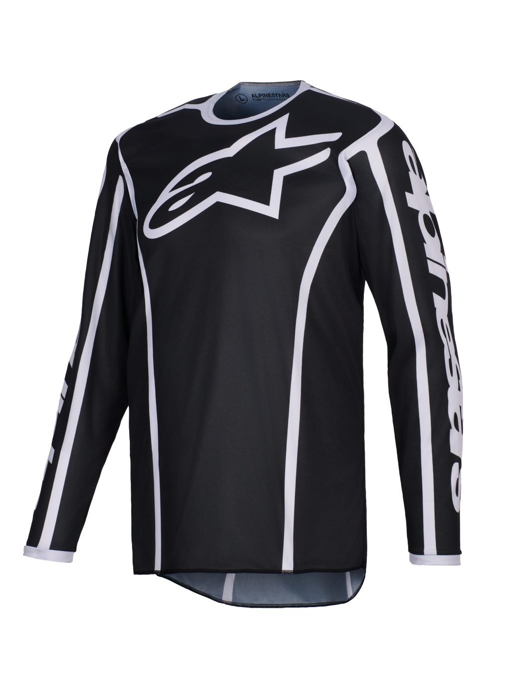 Alpinestars 2026 Fluid Apex Jersey, camisola de motocross, preta com detalhes brancos, logótipo branco grande no peito, vivos brancos ao longo das costuras, polifabric de performance de manga comprida para corridas todo-o-terreno