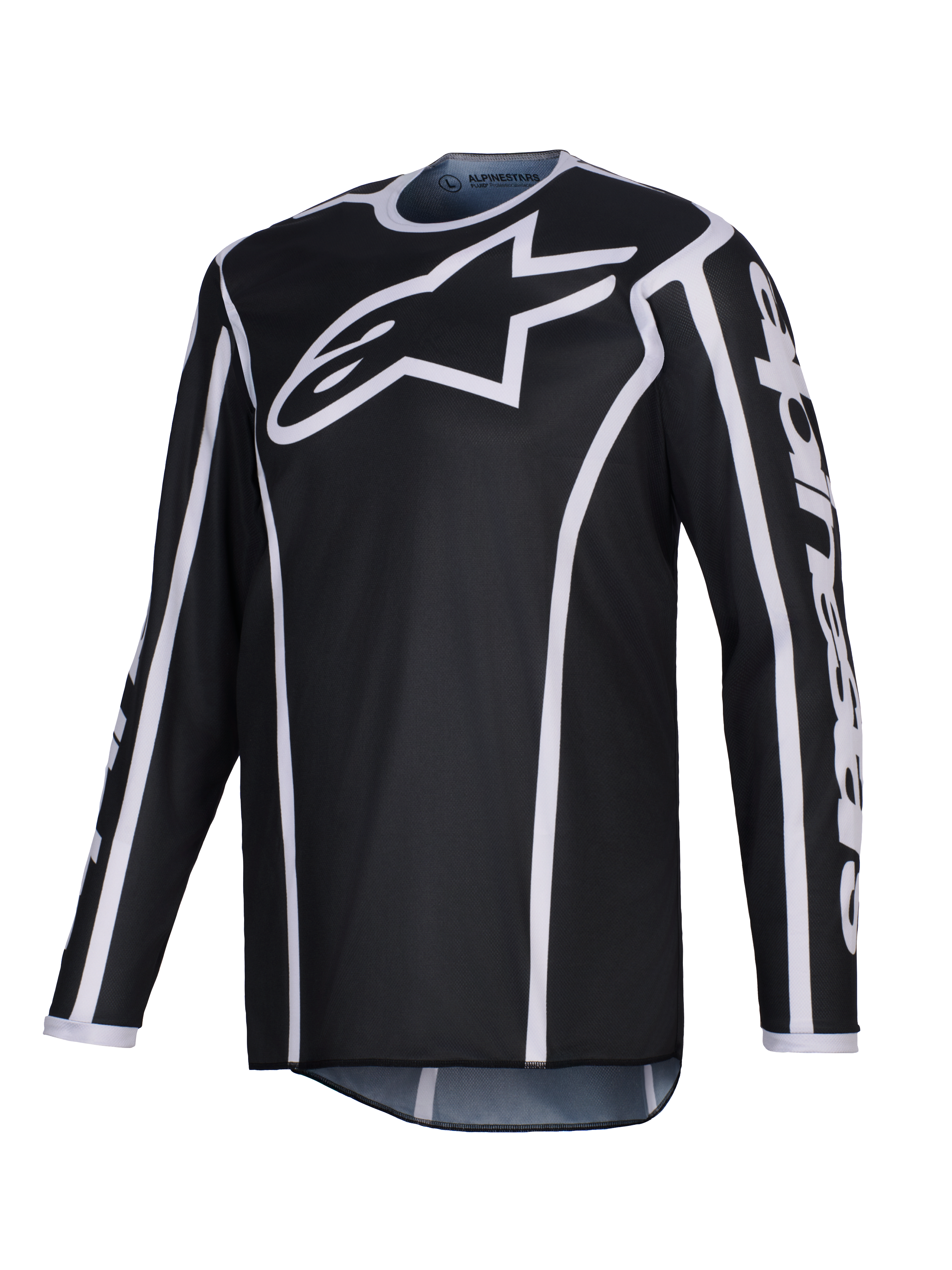 Alpinestars 2026 Fluid Apex Jersey, camisola de motocross, preta com detalhes brancos, logótipo branco grande no peito, vivos brancos ao longo das costuras, polifabric de performance de manga comprida para corridas todo-o-terreno