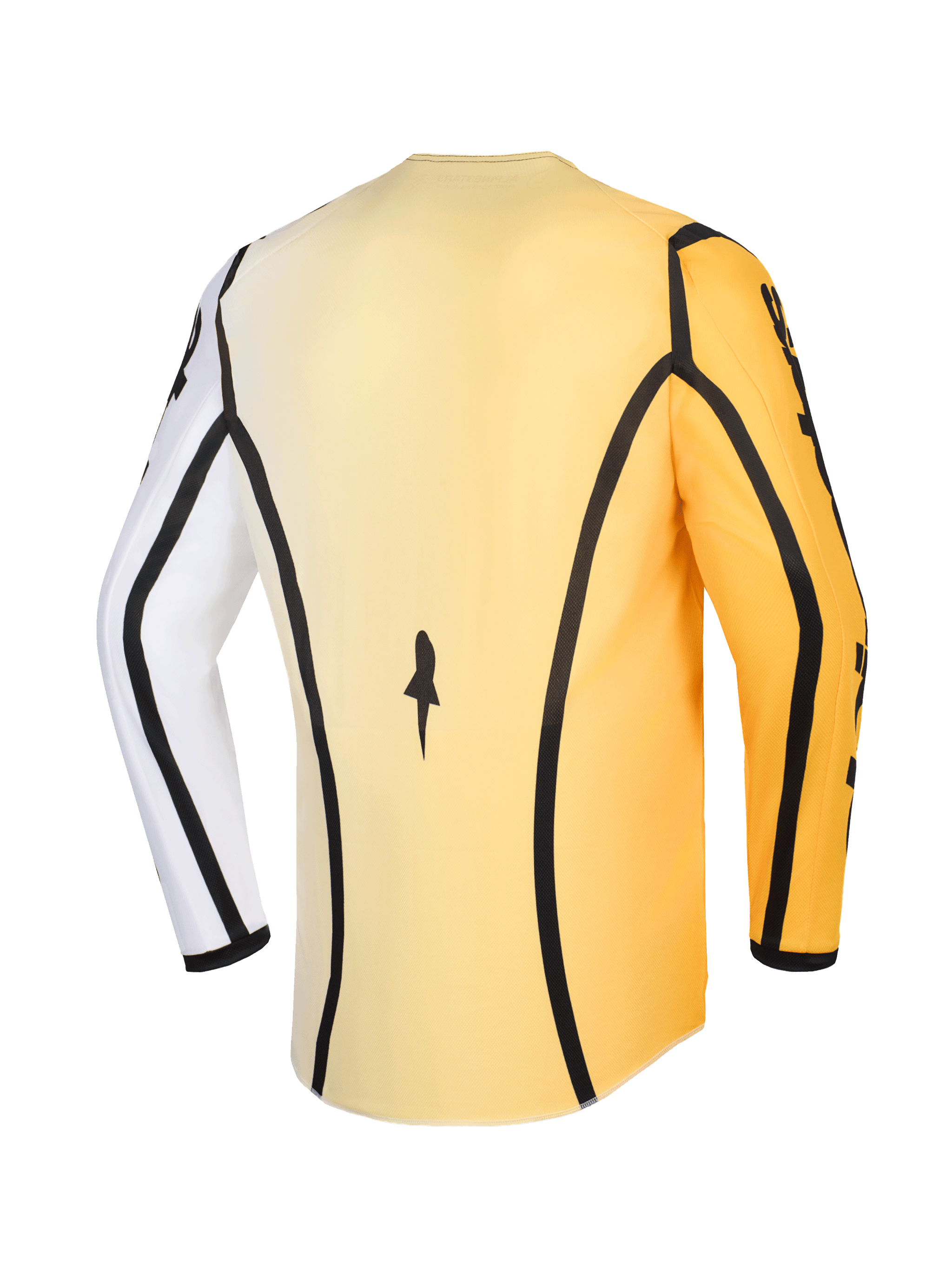 Alpinestars 2026 Fluid Apex Jersey, camisola de motocross, amarela, branca e preta, vista traseira com detalhes de debrum pretos, uma manga branca e uma amarela, com bainha traseira alongada para cobertura em condução todo-o-terreno
