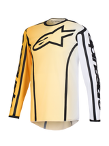 Camisola Alpinestars 2026 Fluid Apex, camisola de motocross, gradiente amarelo e branco com detalhes em preto, com um logótipo de estrela preto grande no peito, contornos pretos marcantes ao longo das costuras e marca Alpinestars nas mangas, camisola técnica de manga comprida para corridas de todo-o-terreno.