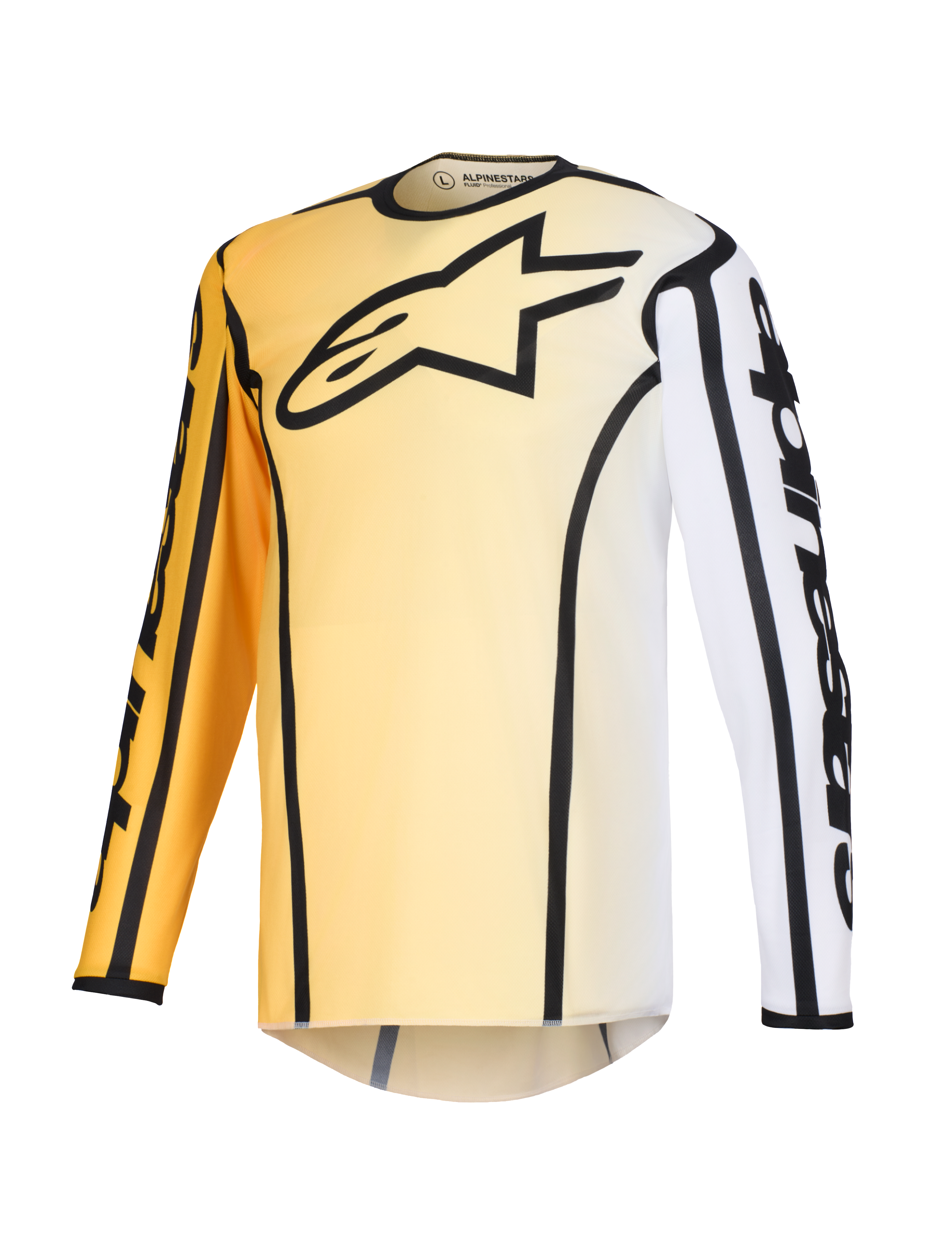 Alpinestars 2026 Fluid Apex Jersey, Motocross Jersey, Yellow and White gradient with Black accents, featuring a large black star logo on the chest, bold black outlines along the seams, and Alpinestars branding on the sleeves, long-sleeve technical top for off-road racing.