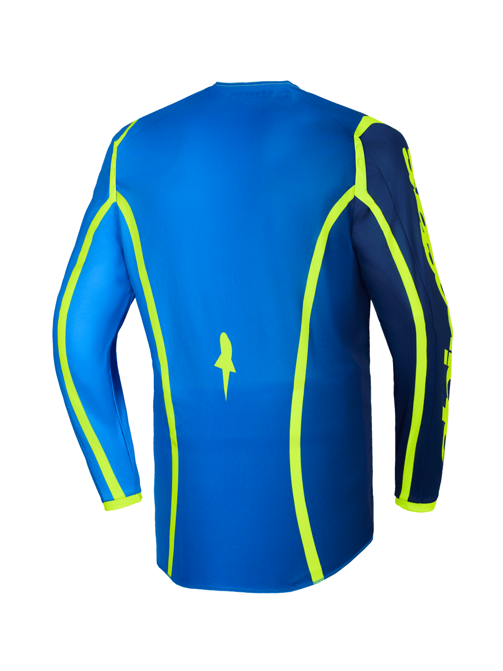 Alpinestars 2026 Fluid Apex Jersey, camisola de motocross, azul e amarelo néon, vista traseira com linhas gráficas amarelo néon e bainha traseira prolongada, equipamento de todo-o-terreno leve e respirável