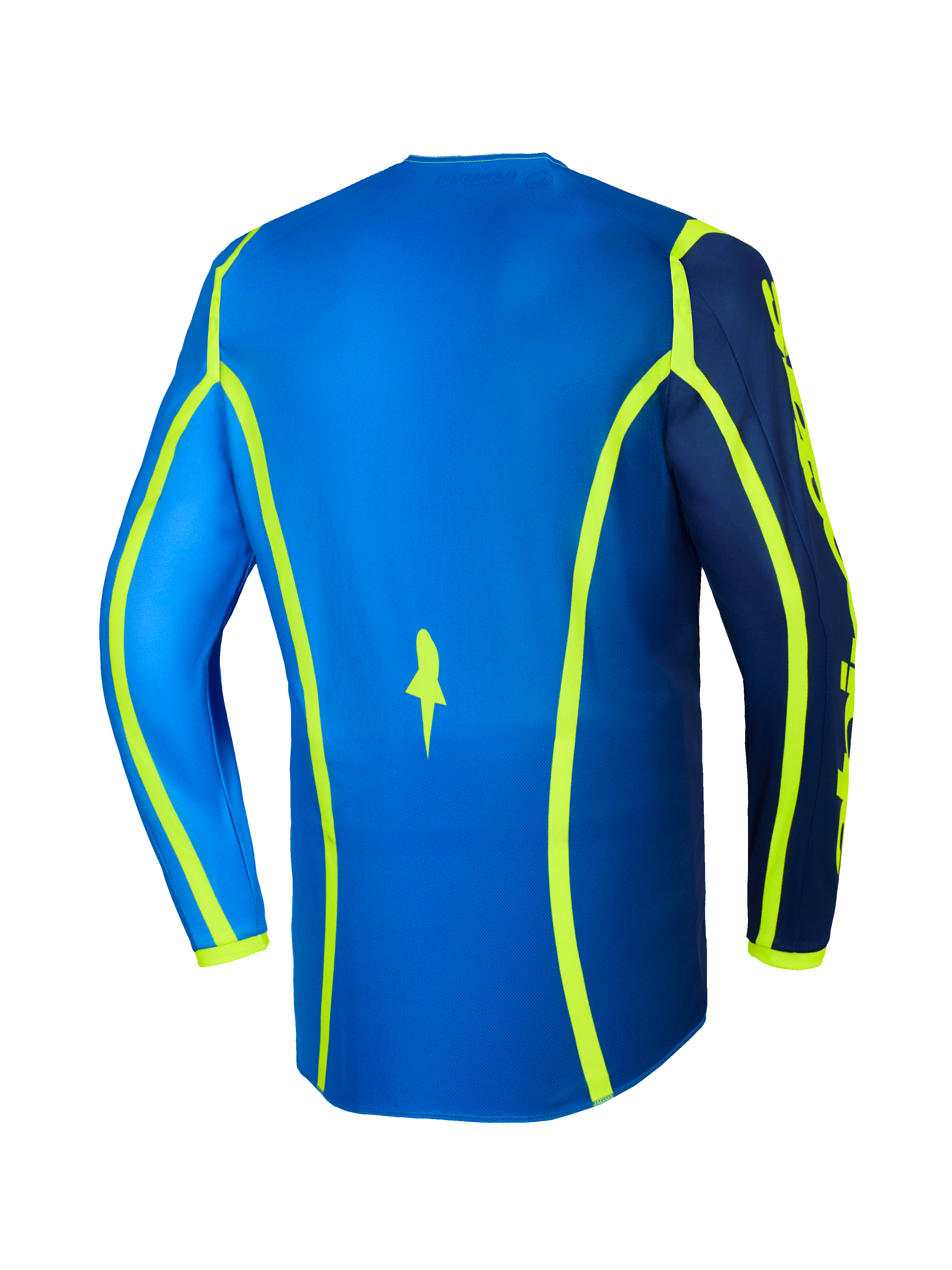 Alpinestars 2026 Fluid Apex Jersey, camisola de motocross, azul e amarelo néon, vista traseira com linhas gráficas amarelo néon e bainha traseira prolongada, equipamento de todo-o-terreno leve e respirável