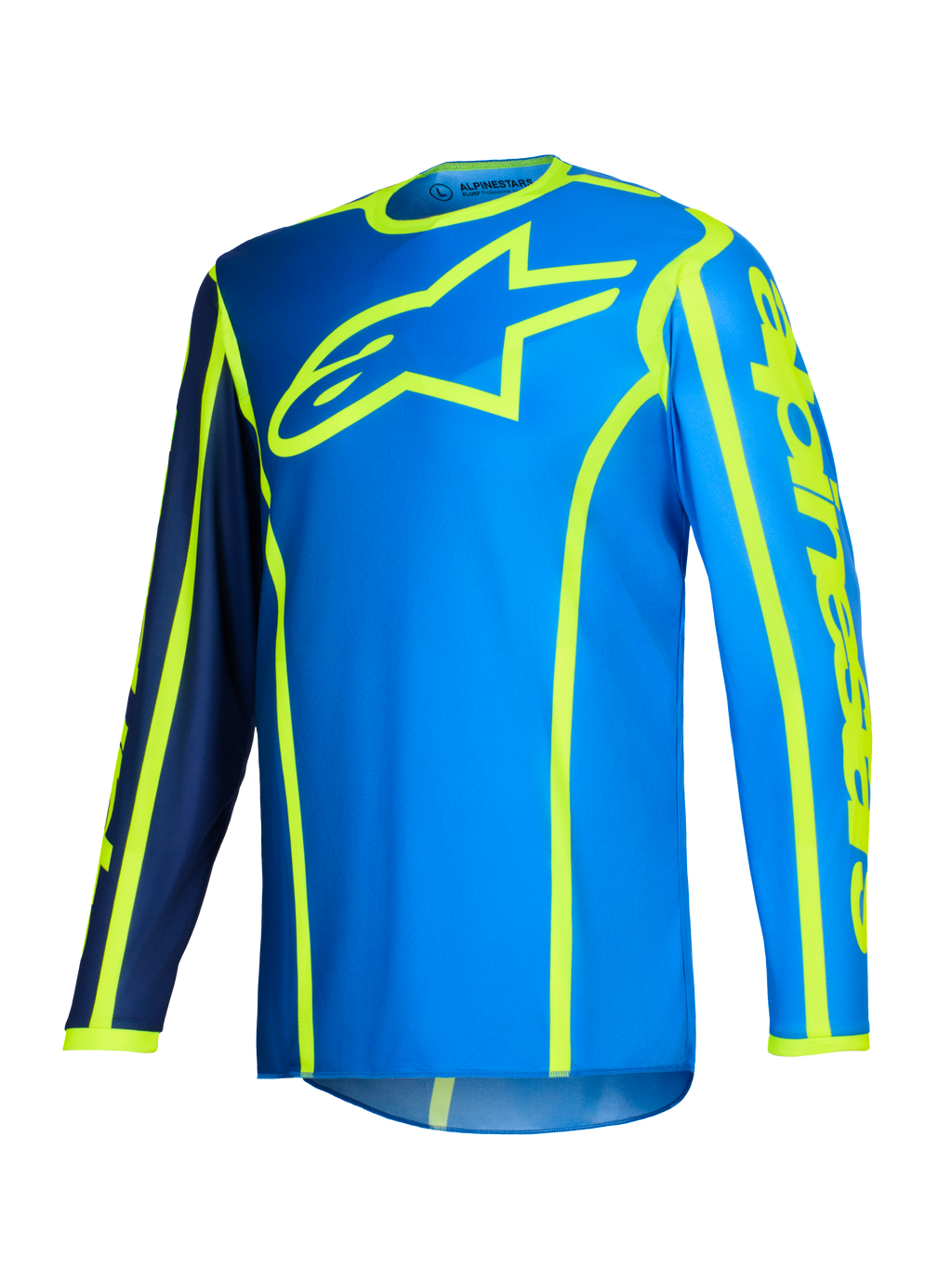 Alpinestars 2026 Fluid Apex Jersey, camisola de motocross, azul e amarelo néon, logótipo de estrela grande em amarelo fluorescente no peito, mangas compridas com secções em azul-marinho e azul brilhante, logótipo vertical no braço, equipamento desportivo para todo-o-terreno