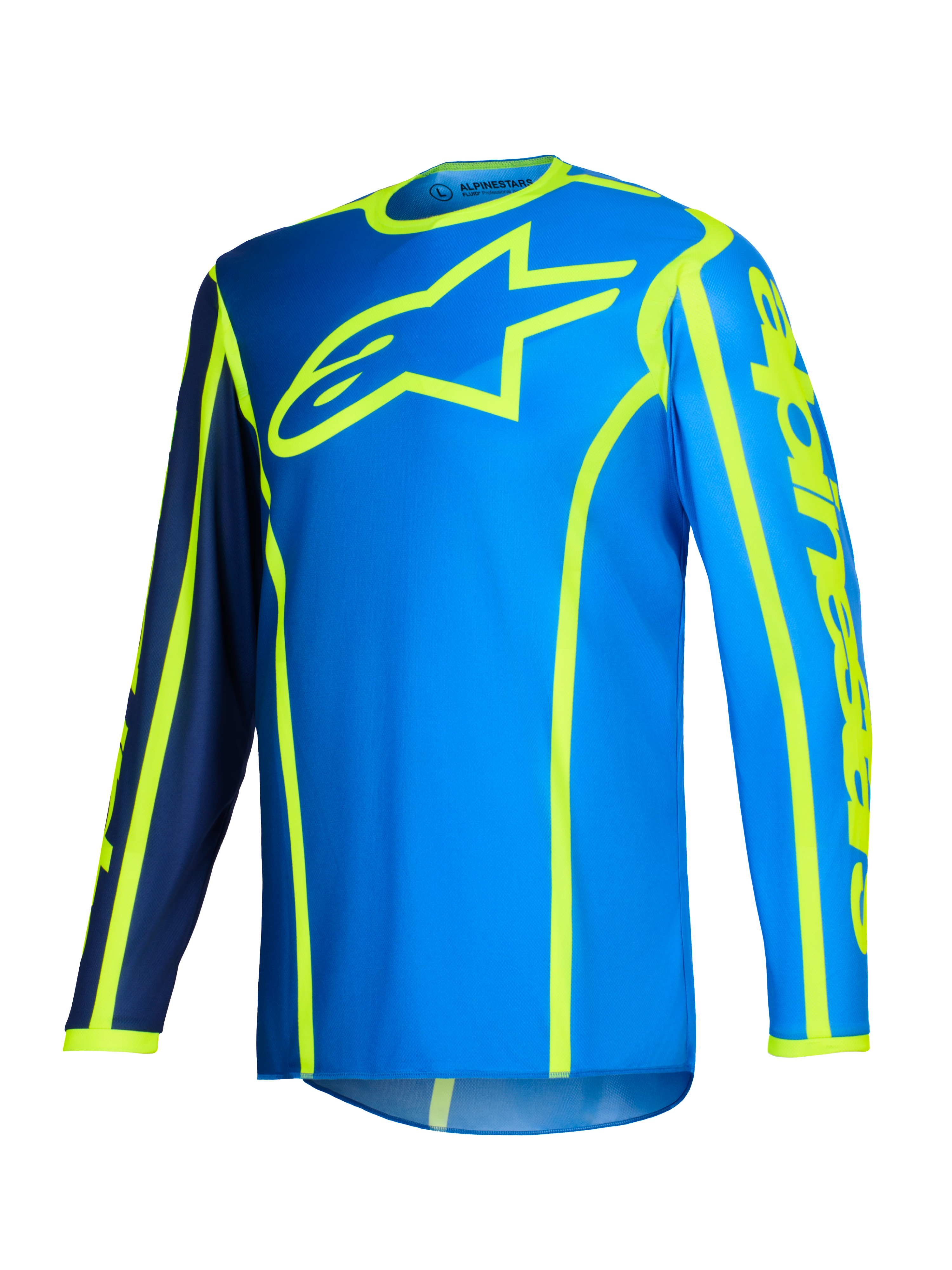 Alpinestars 2026 Fluid Apex Jersey, camisola de motocross, azul e amarelo néon, logótipo de estrela grande em amarelo fluorescente no peito, mangas compridas com secções em azul-marinho e azul brilhante, logótipo vertical no braço, equipamento desportivo para todo-o-terreno
