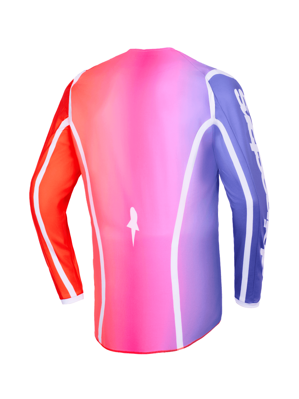 Alpinestars 2026 Fluid Apex Jersey, vista traseira, degradê multicolor rosa, roxo e laranja, com debrum curvo branco e bainha traseira alongada, vestuário profissional de motocross e off-road