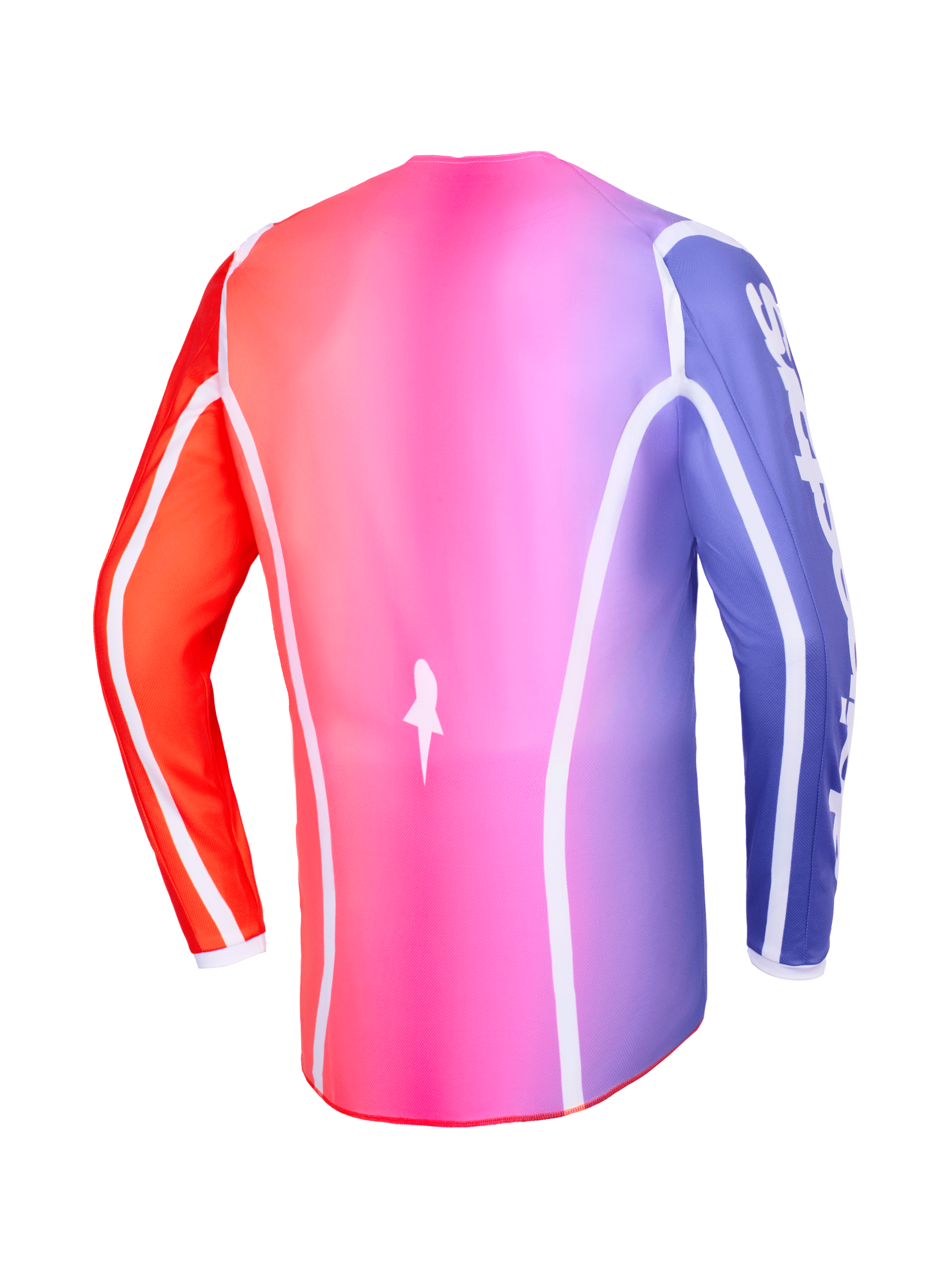 Alpinestars 2026 Fluid Apex Jersey, vista traseira, degradê multicolor rosa, roxo e laranja, com debrum curvo branco e bainha traseira alongada, vestuário profissional de motocross e off-road