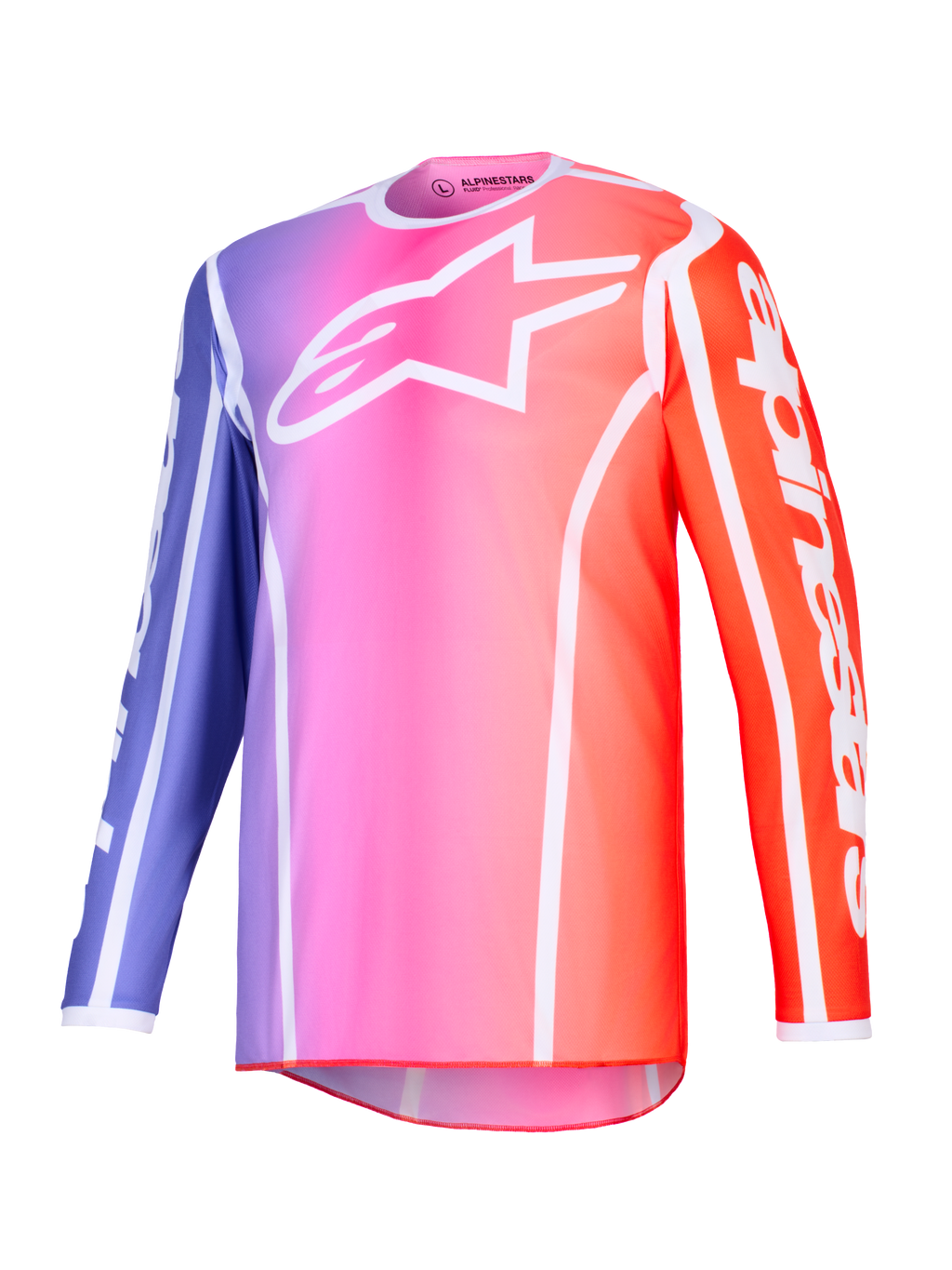 Alpinestars 2026 Fluid Apex Jersey, camisola de motocross, gradiente de roxo, rosa e laranja com detalhes brancos, logótipo Astars branco no peito e marca na manga, polifabric leve de alto desempenho para corridas off-road