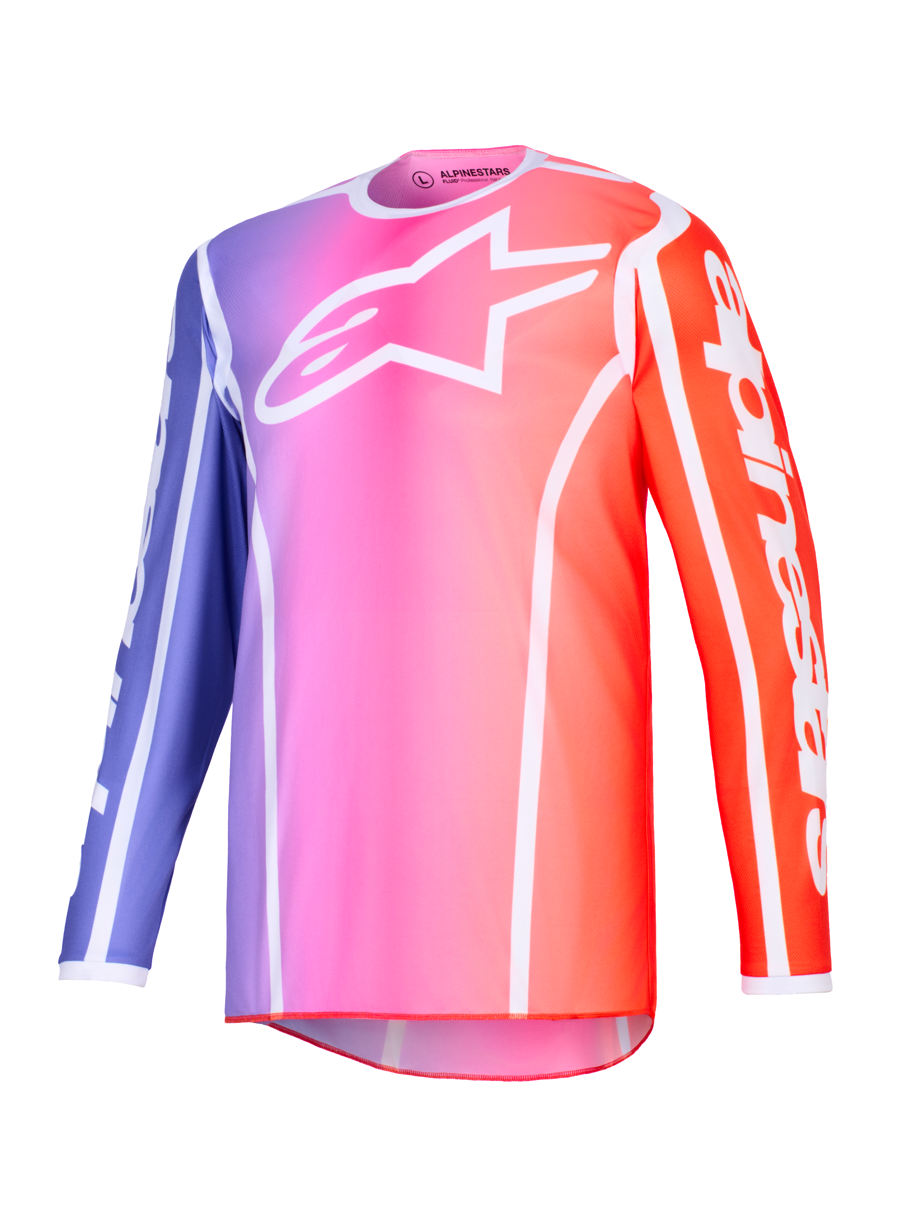 Alpinestars 2026 Fluid Apex Jersey, camisola de motocross, gradiente de roxo, rosa e laranja com detalhes brancos, logótipo Astars branco no peito e marca na manga, polifabric leve de alto desempenho para corridas off-road