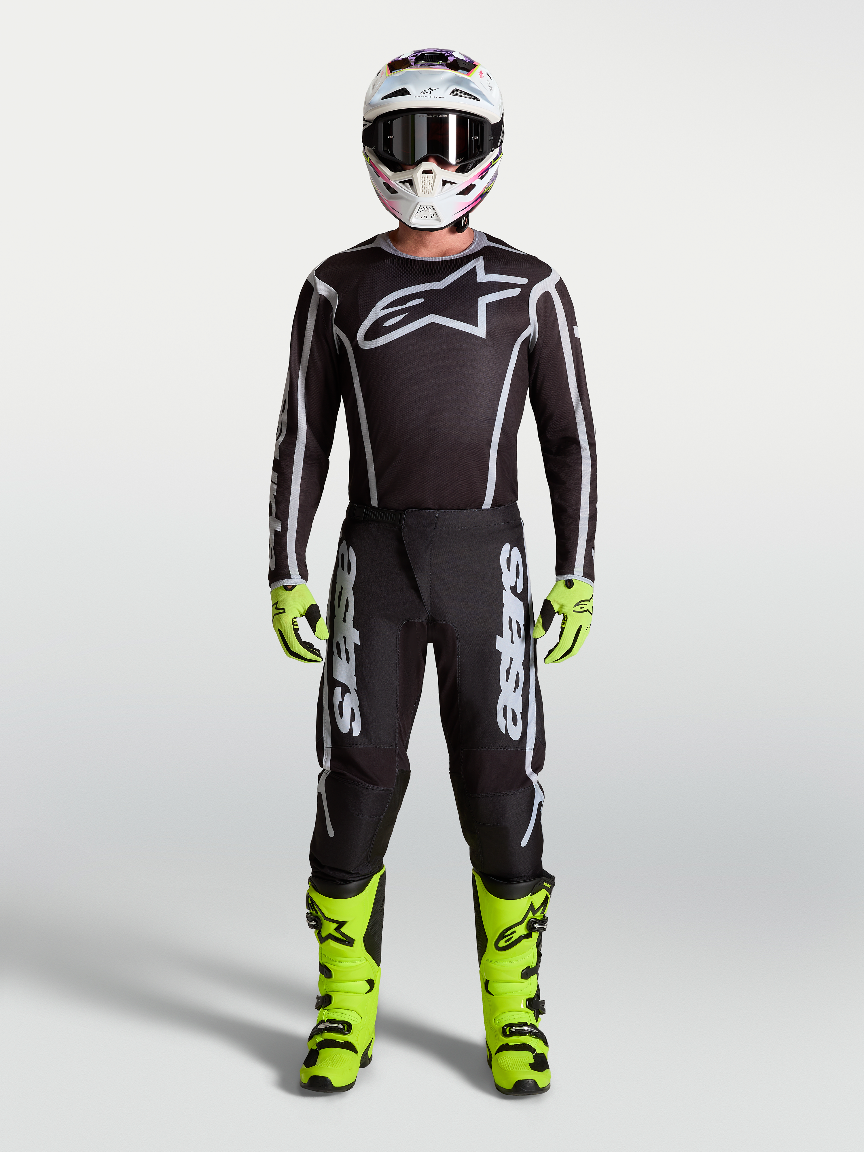 Alpinestars camisola e conjunto Fluid Apex V2 para homem, em preto, prateado e amarelo fluorescente, para motocross.
