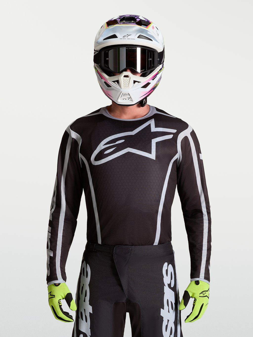 Alpinestars Camisola Fluid Apex V2, camisola de motocross para homem, preta e prateada, logótipo de estrela, ajuste atlético.