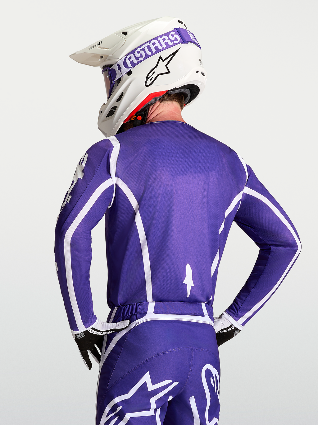 Alpinestars Camisola Fluid Apex V2, camisola de motocross para homem, azul e branca, vista traseira, construção em polifabric respirável