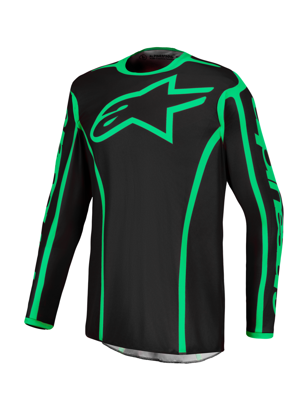 Alpinestars camisola Fluid Apex V2, camisola de motocross preta e verde fluorescente, polifibra com absorção de humidade
