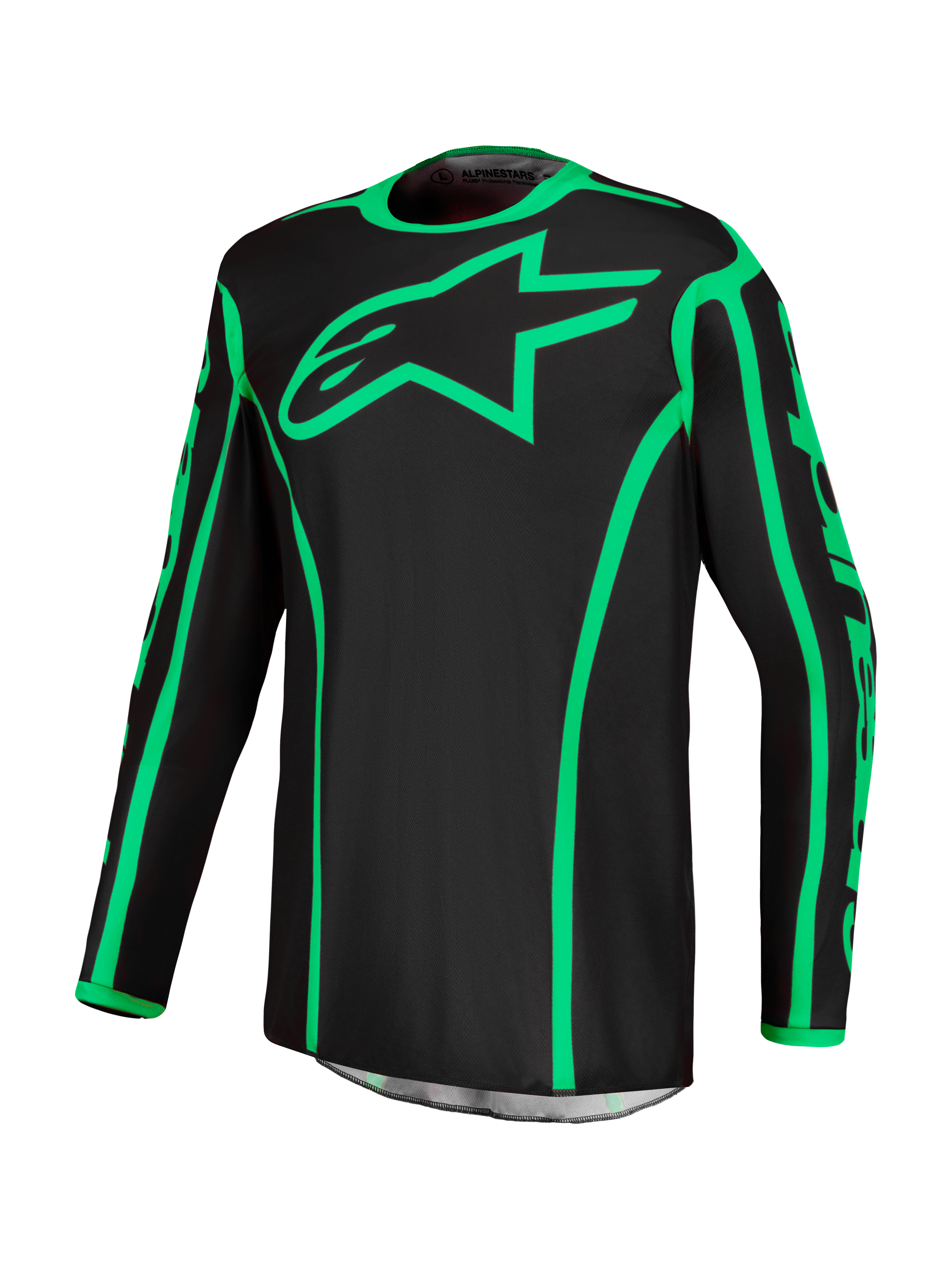 Alpinestars camisola Fluid Apex V2, camisola de motocross preta e verde fluorescente, polifibra com absorção de humidade