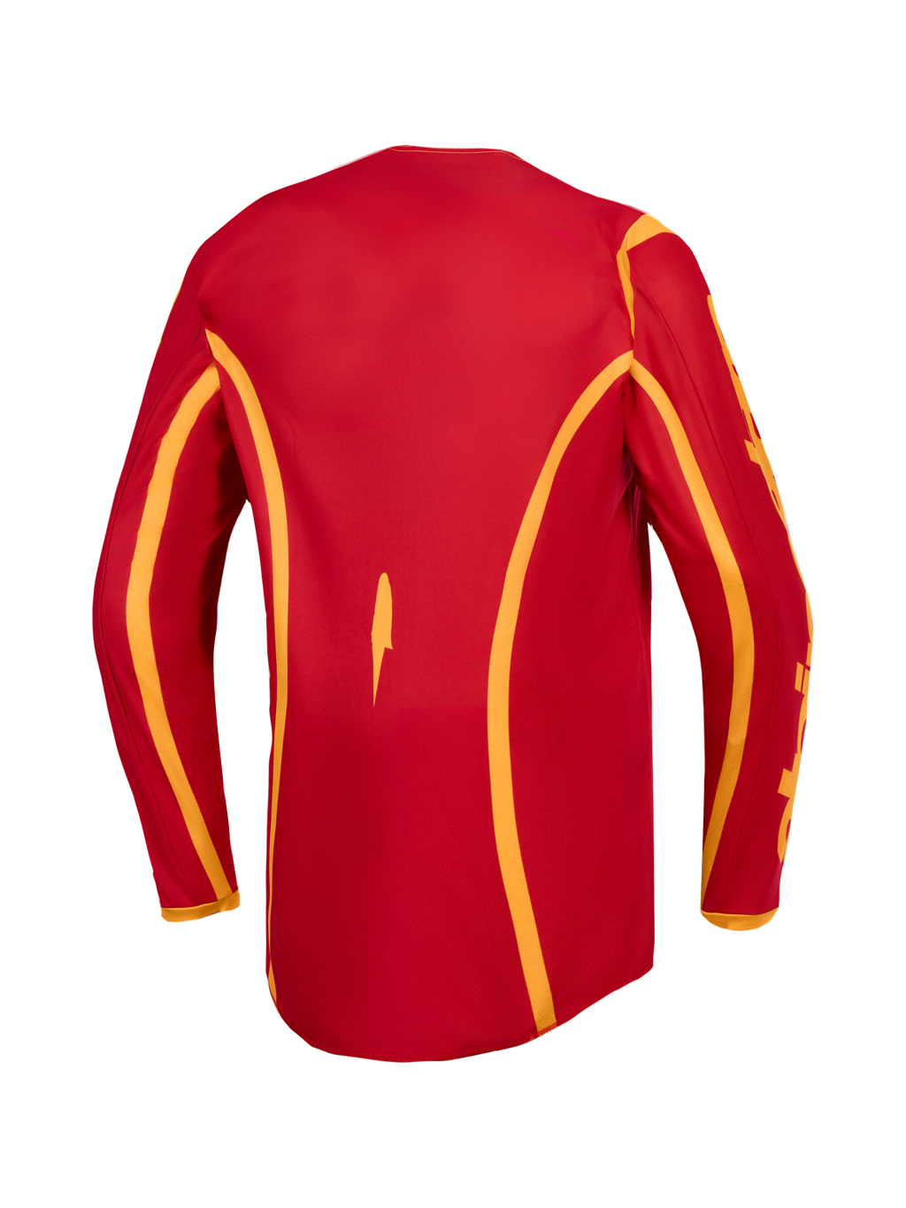 Alpinestars Fluid Apex V2, camisola de motocross para homem, vermelha e dourada, vista traseira com corte traseiro mais longo.