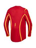 Alpinestars Fluid Apex V2, camisola de motocross para homem, vermelha e dourada, vista traseira com corte traseiro mais longo.