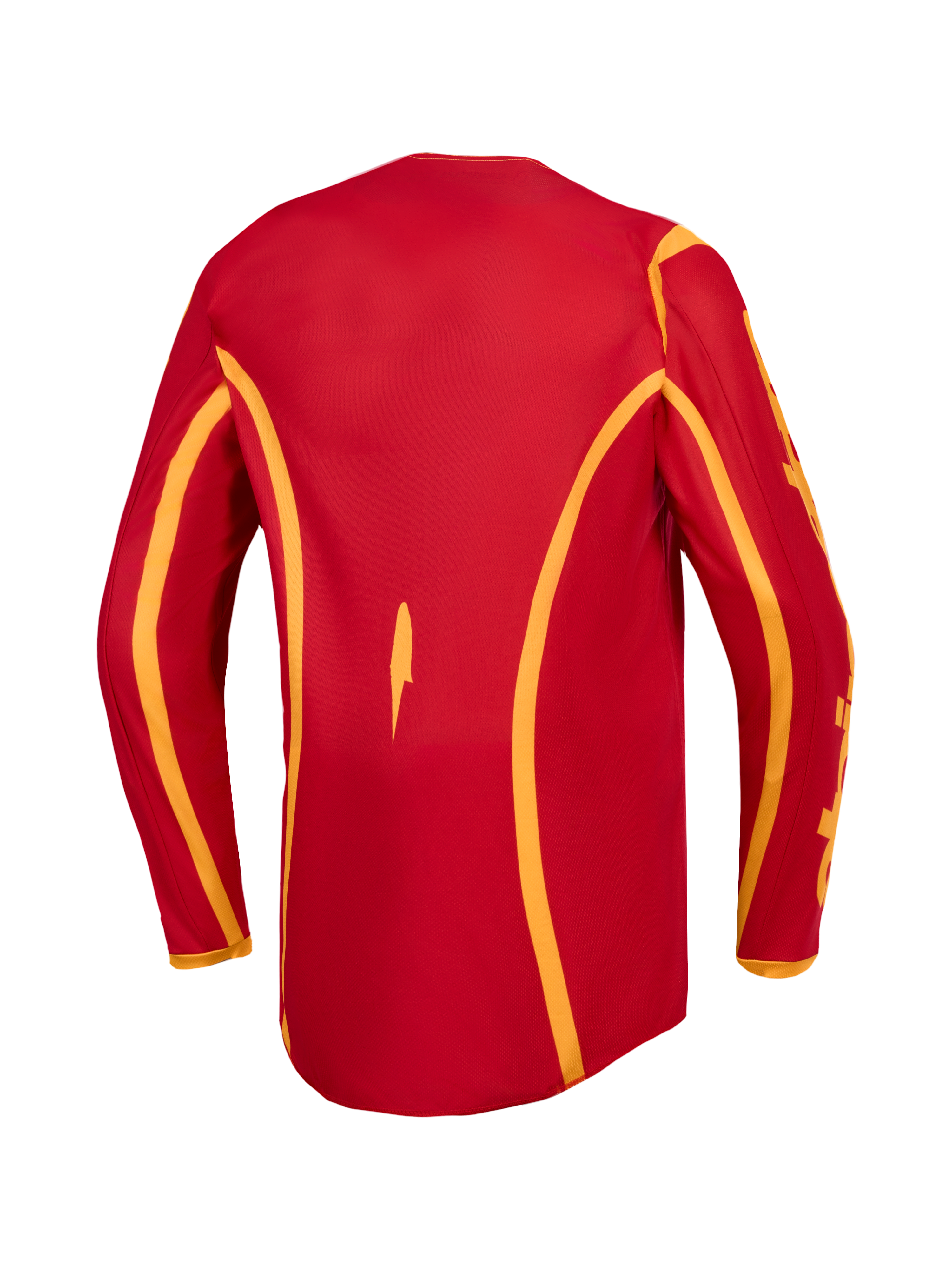 Alpinestars Fluid Apex V2, camisola de motocross para homem, vermelha e dourada, vista traseira com corte traseiro mais longo.