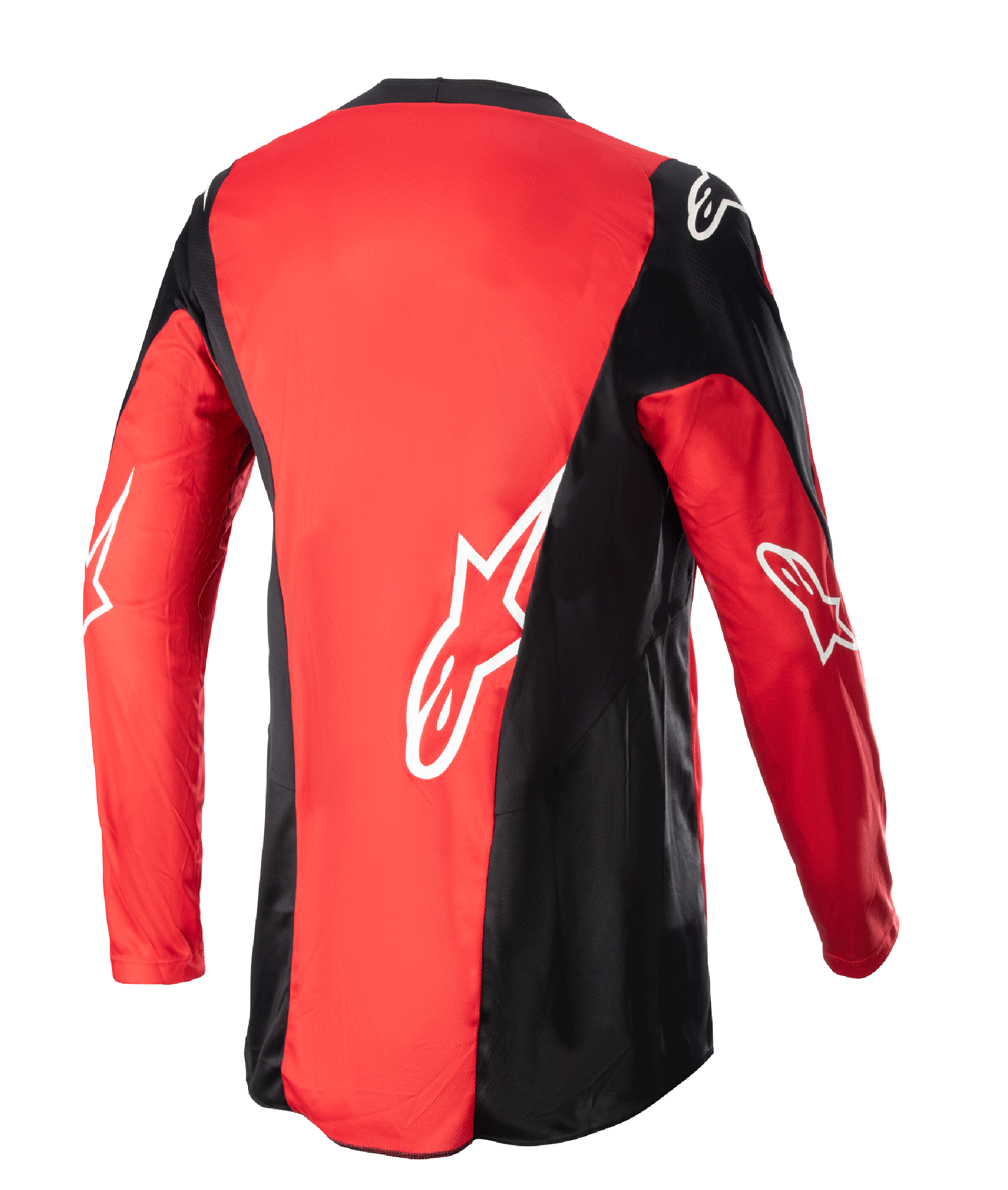 Alpinestars 2023 Racer Hoen Jersey, Motocross Jersey, Mars Red and Black, back view featuring white Alpinestars logos on sleeves and lower back, elongated rear hem for coverage, durable poly-fabric for off-road racing