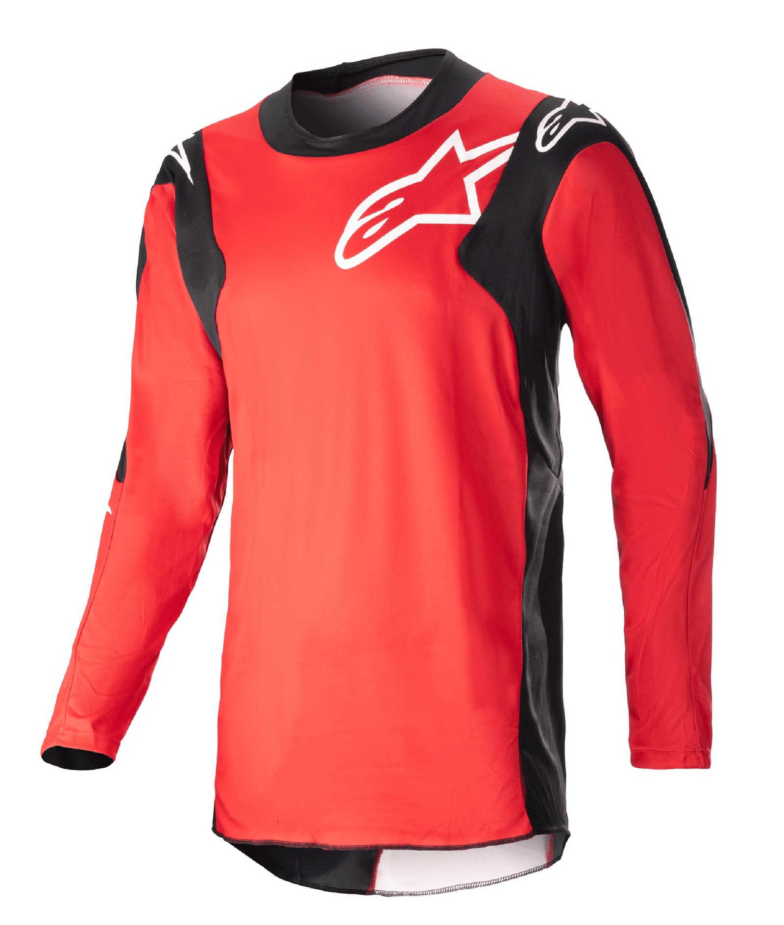 Alpinestars 2023 Racer Hoen Jersey, Long-Sleeve Motocross Jersey, Mars Red and Black, featuring a white chest logo, lightweight performance fabric, sporty design for off-road racing