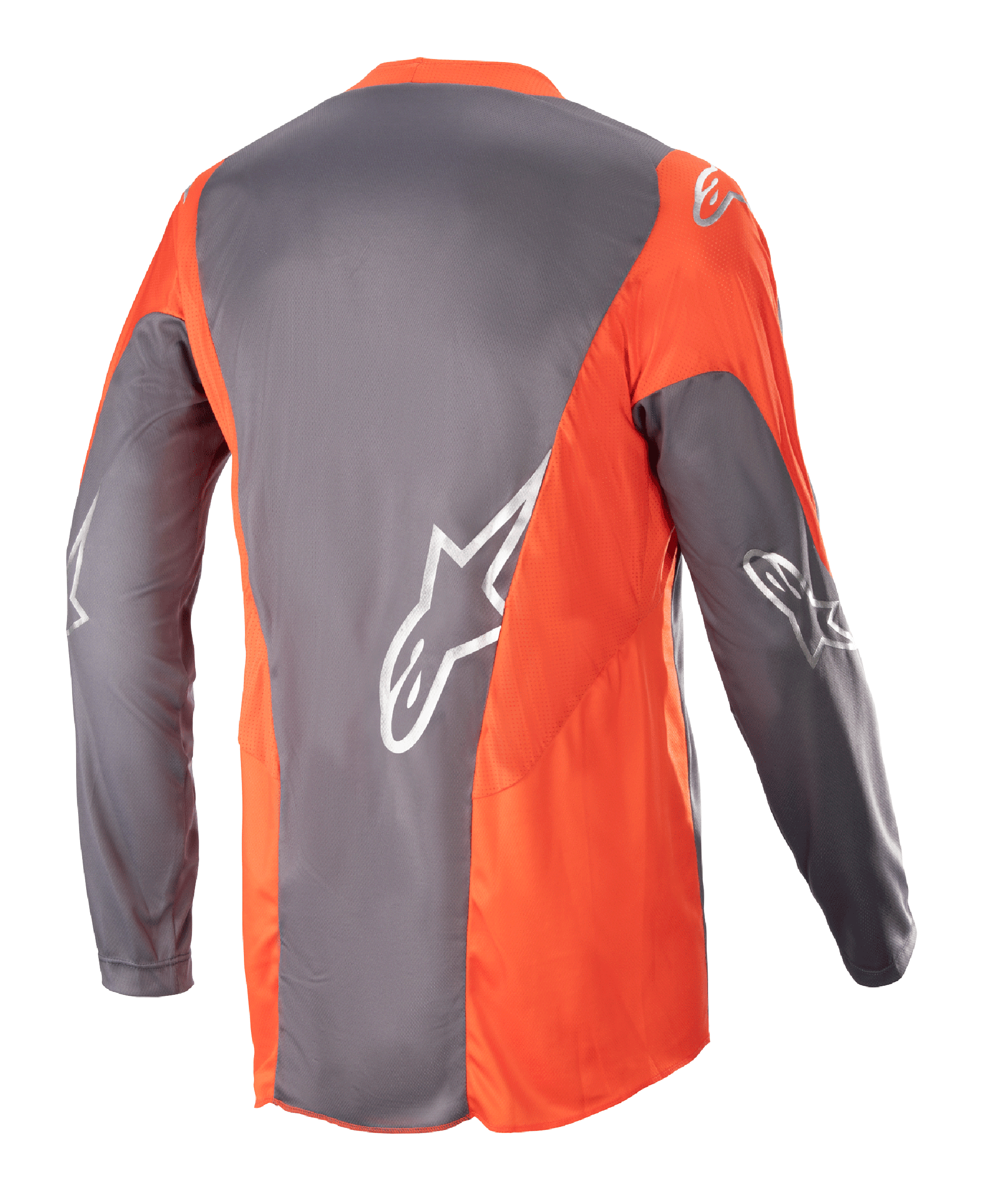 Alpinestars 2023 Racer Hoen Jersey, camisola de motocross, Magnet Hot Orange, vista traseira com painéis cinzentos e laranja, logótipos Astars prateados nas mangas e costas, vestuário de performance para todo-o-terreno