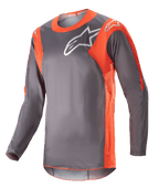 Alpinestars 2023 Racer Hoen Jersey, camisola de motocross de manga comprida, cinzenta e laranja, logótipo Alpinestars branco no peito e ombros, tecido leve de alta performance para corridas todo-o-terreno